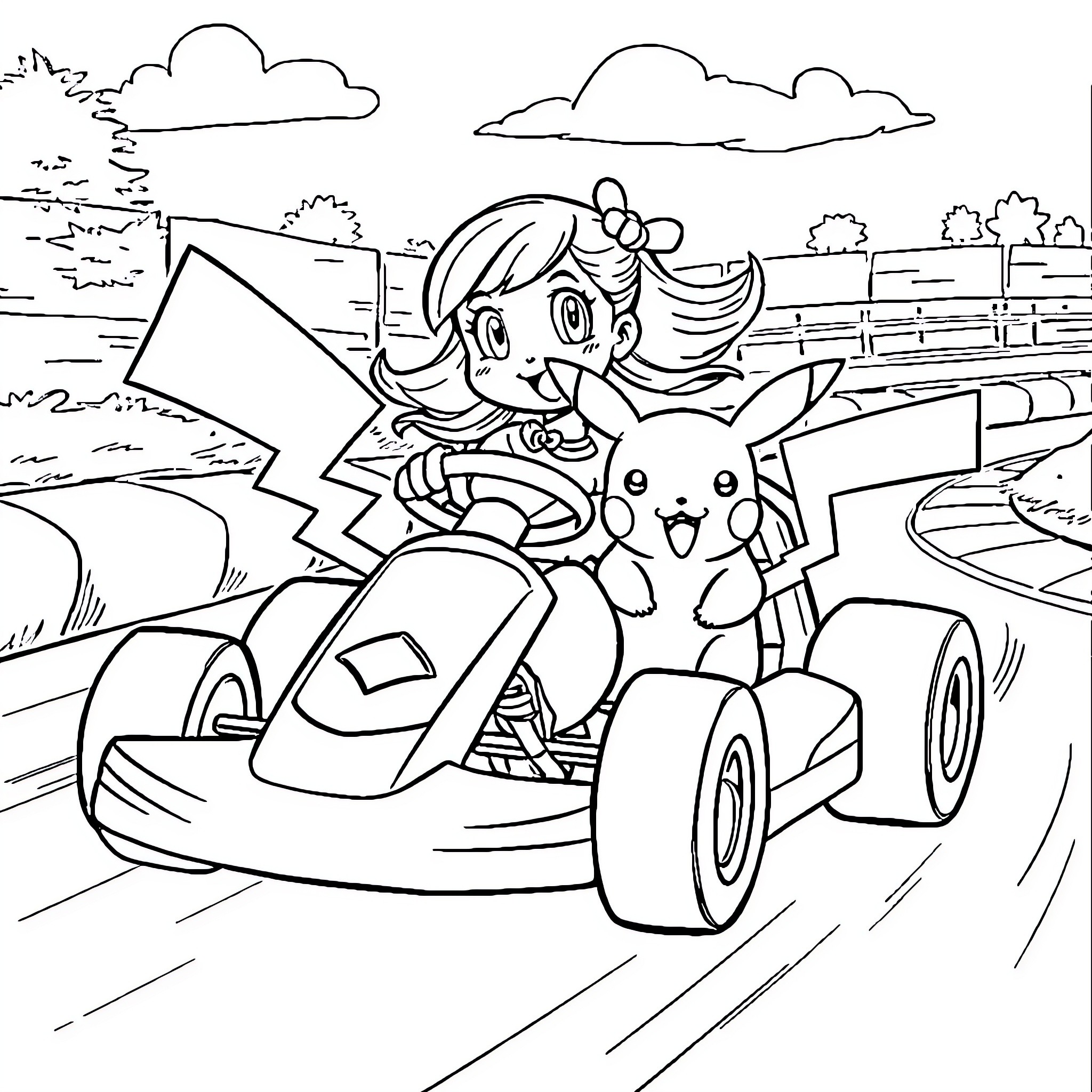 Rose racing with her electric companion Coloring Page (free black-and-white line drawing printable PDF for all, from beginners to advanced learners, including children, teens, adults, and seniors)