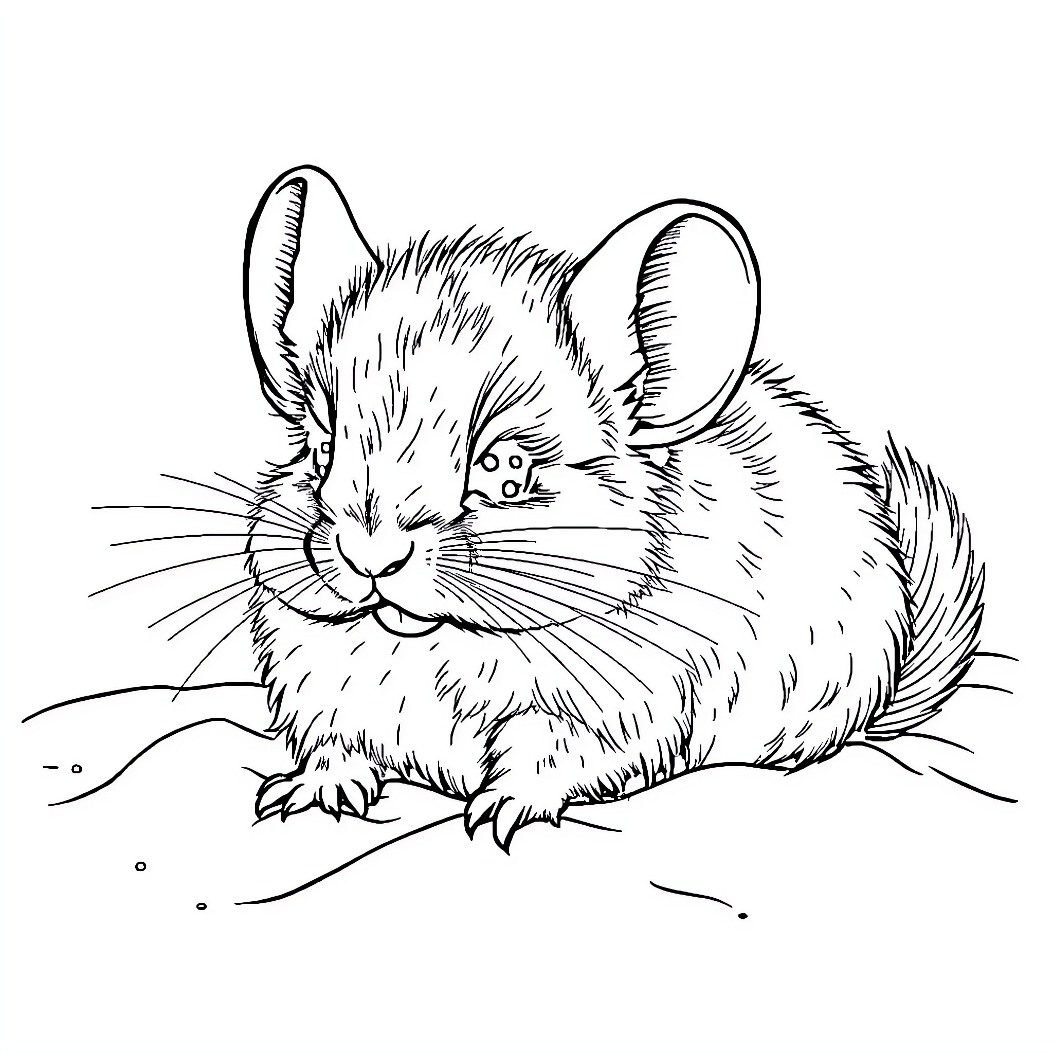 Chinchilla posing on the ground Coloring Page (free black-and-white line drawing printable PDF for all, from beginners to advanced learners, including children, teens, adults, and seniors)