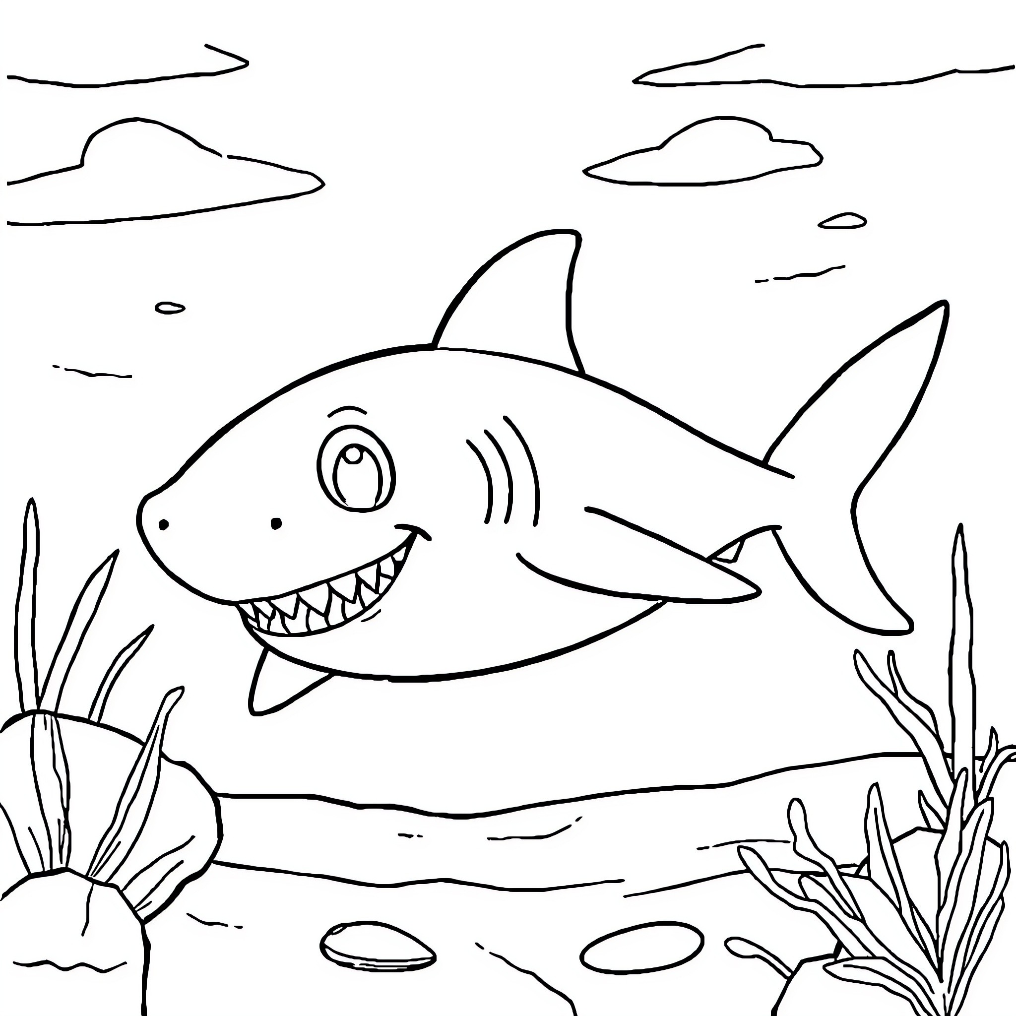 Shark swimming playfully in underwater scene Coloring Page (free black-and-white line drawing printable PDF for all, from beginners to advanced learners, including children, teens, adults, and seniors)