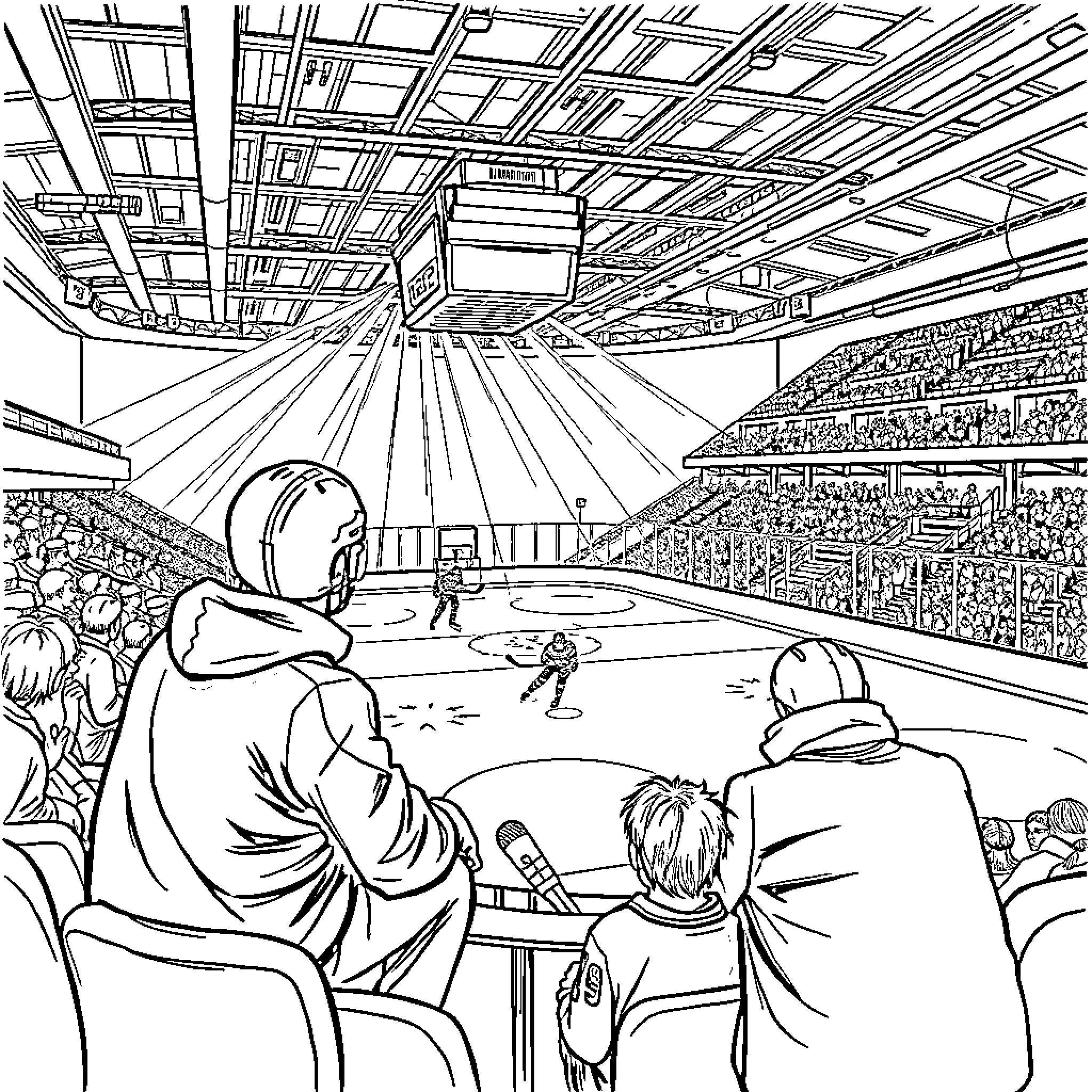 Hockey game in an indoor stadium Coloring Page (free black-and-white line drawing printable PDF for all, from beginners to advanced learners, including children, teens, adults, and seniors)