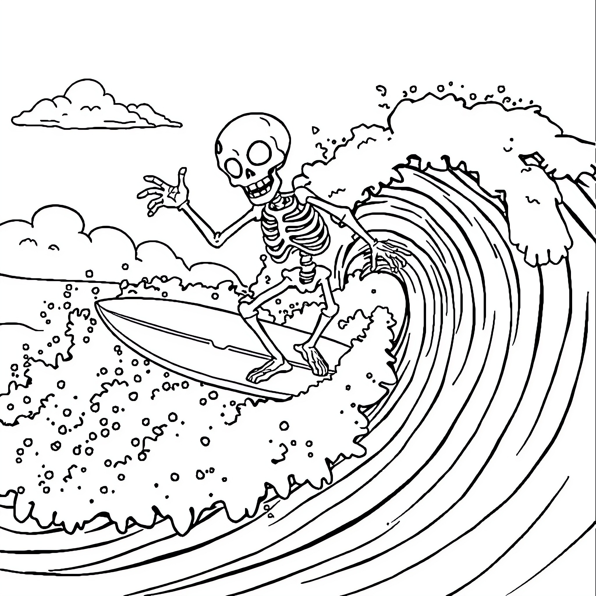 Skeleton surfer riding waves Coloring Page (free black-and-white line drawing printable PDF for all, from beginners to advanced learners, including children, teens, adults, and seniors)