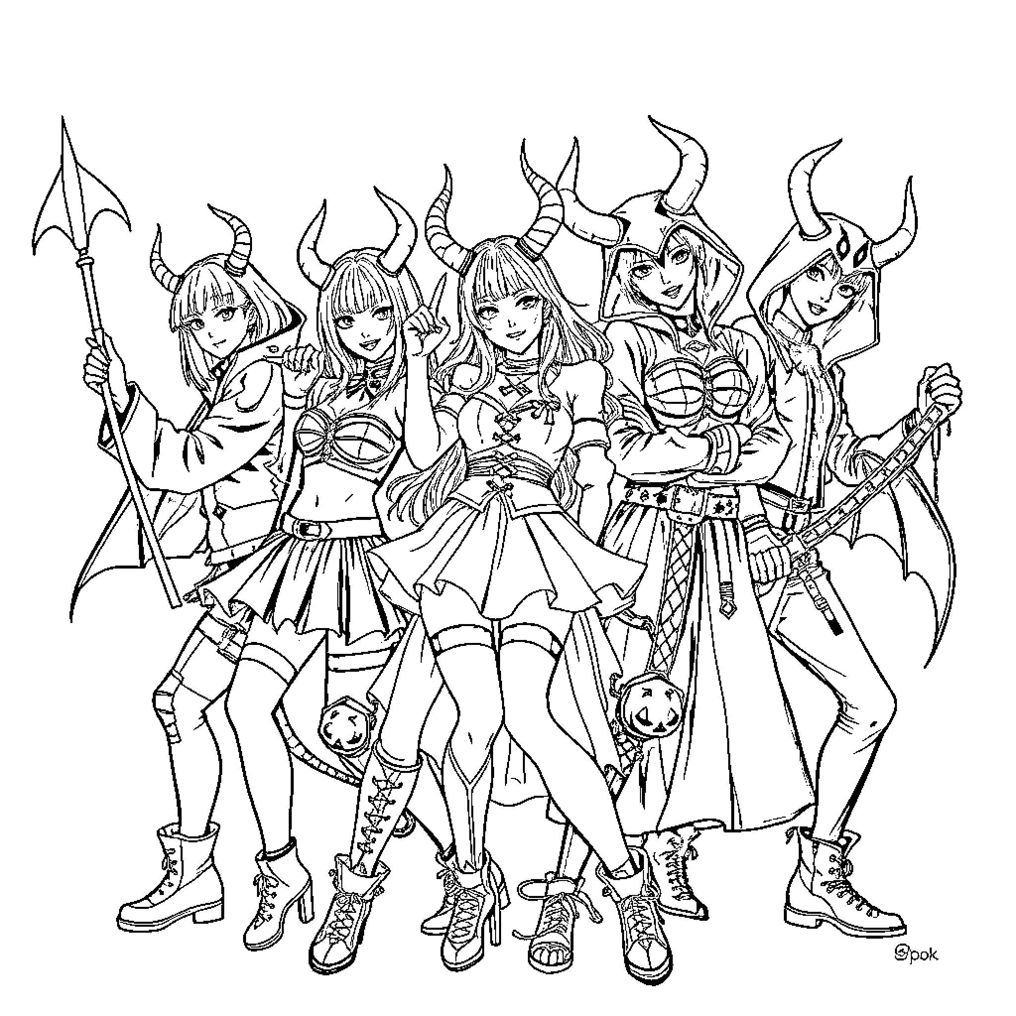 Demon Hunter Warrior Women in Fierce Battle Stance Coloring Page (free black-and-white line drawing printable PDF for all, from beginners to advanced learners, including children, teens, adults, and seniors)