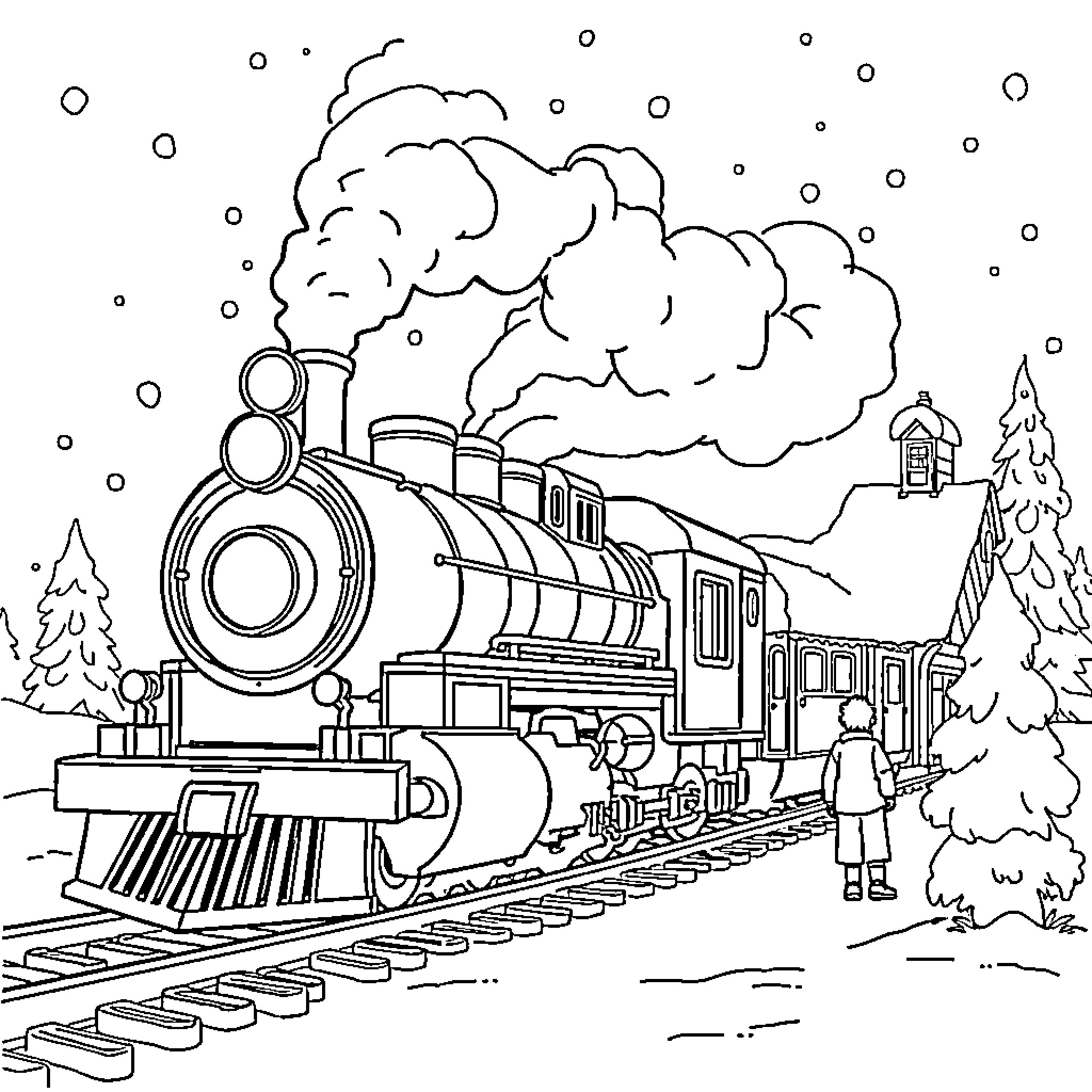 Polar Express train journey through winter landscape Coloring Page (free black-and-white line drawing printable PDF for all, from beginners to advanced learners, including children, teens, adults, and seniors)