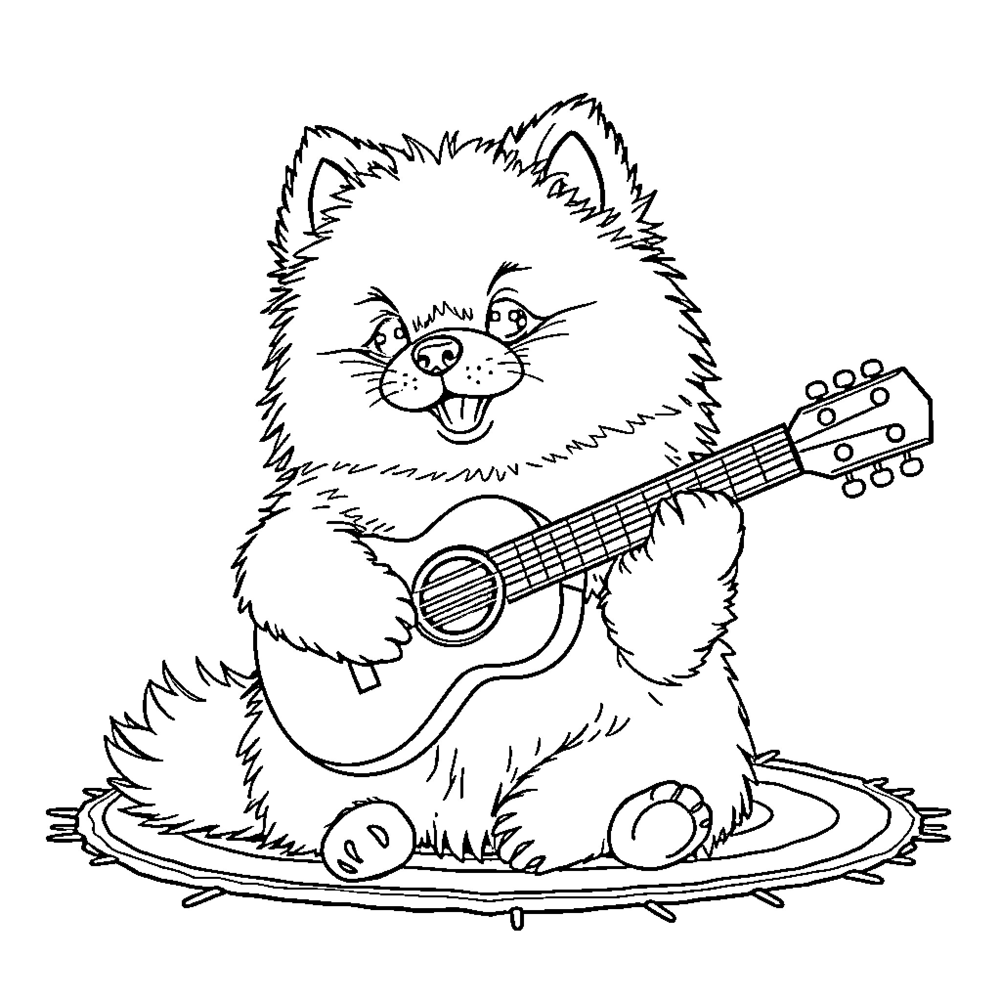 Pomeranian playing guitar on a rug Coloring Page (free black-and-white line drawing printable PDF for all, from beginners to advanced learners, including children, teens, adults, and seniors)
