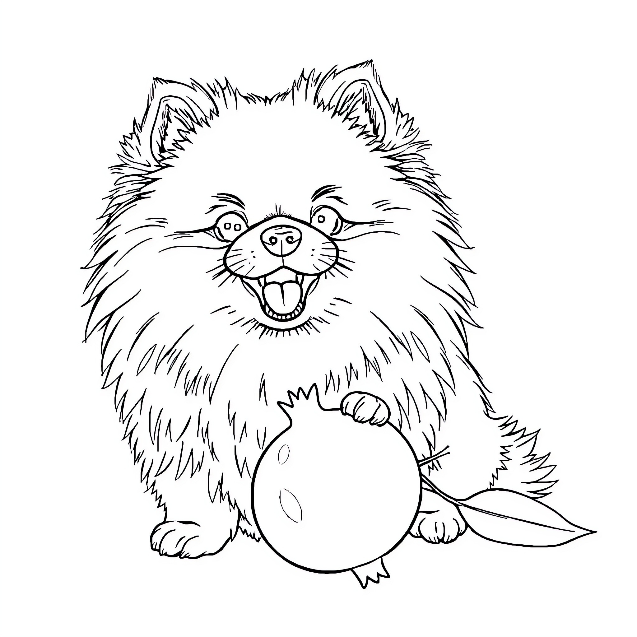 Pomeranian playing with ball Coloring Page (free black-and-white line drawing printable PDF for all, from beginners to advanced learners, including children, teens, adults, and seniors)