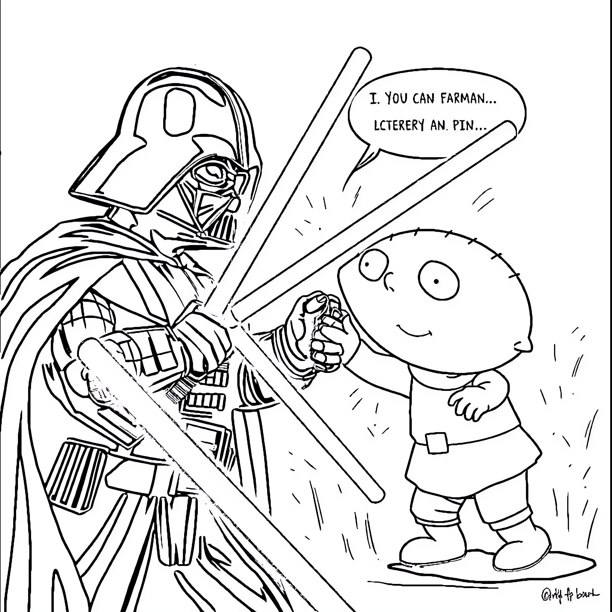 Darth Vader confronts young protagonist with lightsaber Coloring Page (free black-and-white line drawing printable PDF for all, from beginners to advanced learners, including children, teens, adults, and seniors)