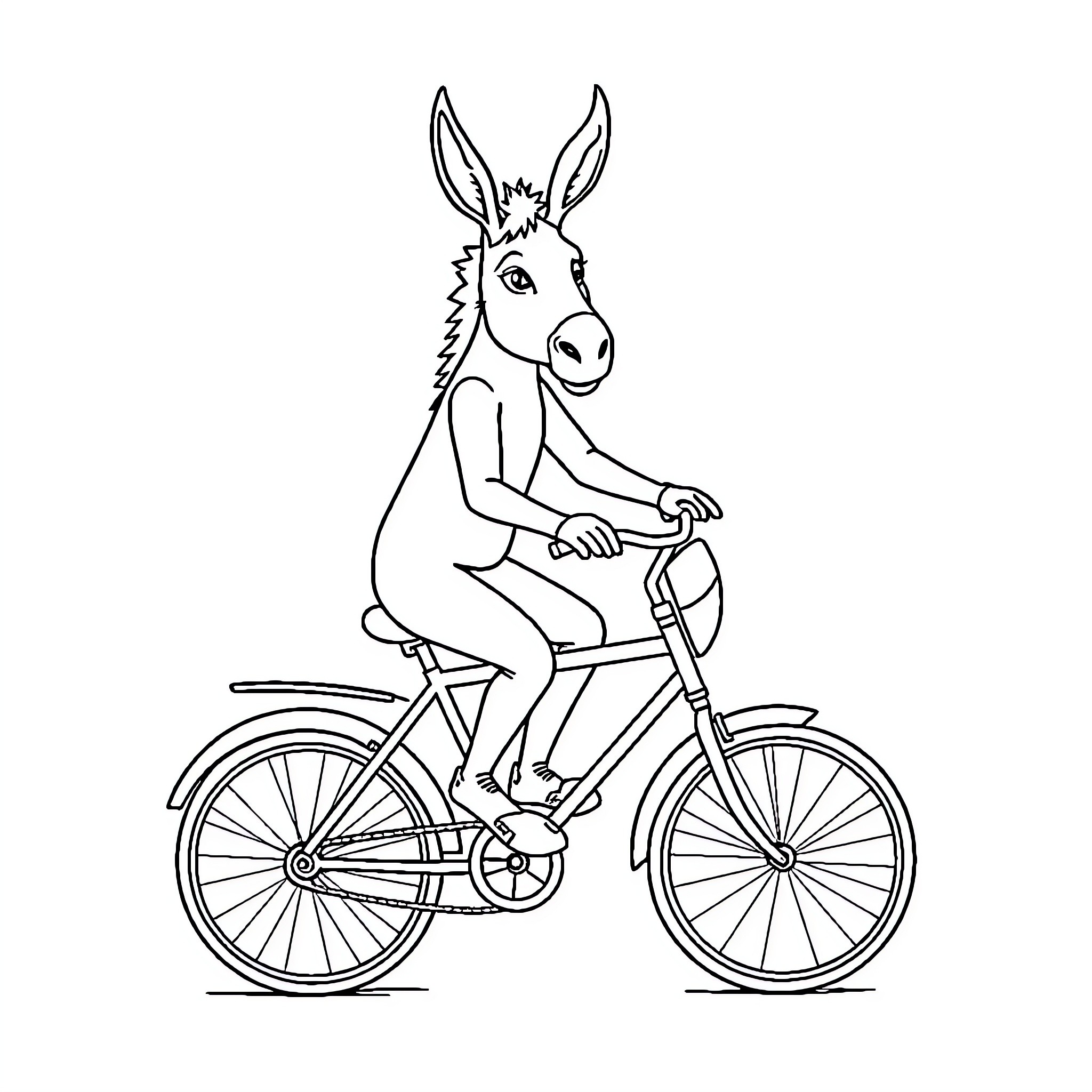 Donkey riding a bicycle with enthusiasm Coloring Page (free black-and-white line drawing printable PDF for all, from beginners to advanced learners, including children, teens, adults, and seniors)