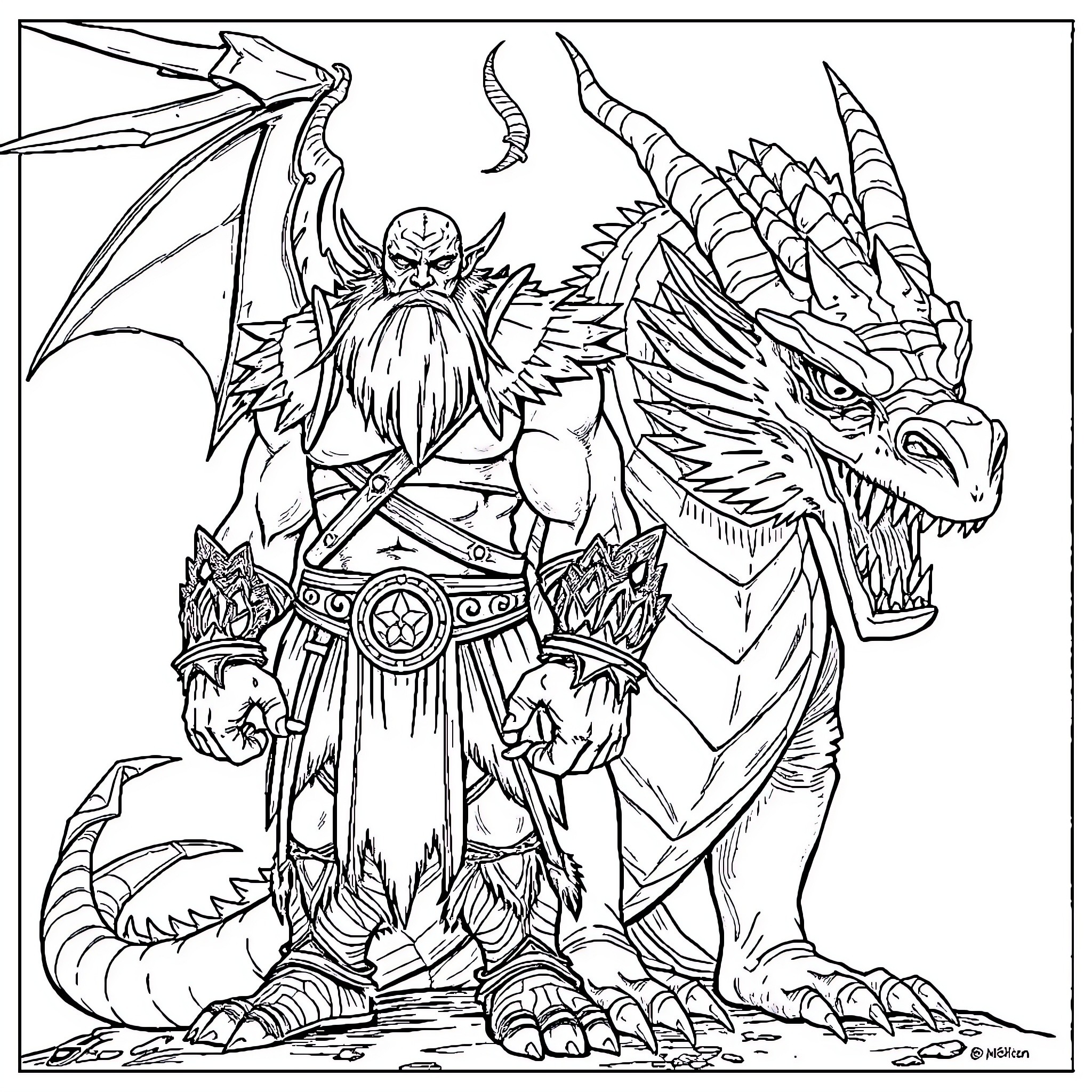 Orc warrior riding a fierce dragon Coloring Page (free black-and-white line drawing printable PDF for all, from beginners to advanced learners, including children, teens, adults, and seniors)
