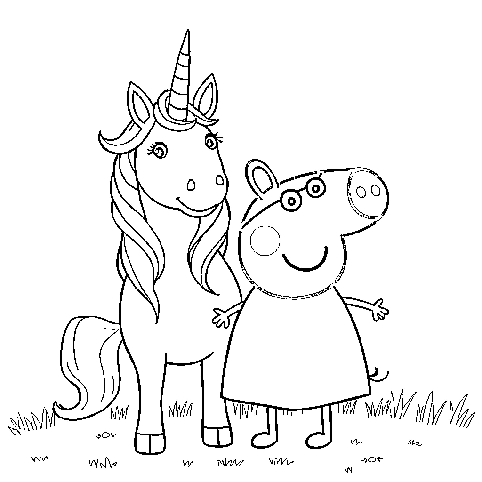Unicorn and Pig Friends Enjoying Nature Coloring Page (free black-and-white line drawing printable PDF for all, from beginners to advanced learners, including children, teens, adults, and seniors)