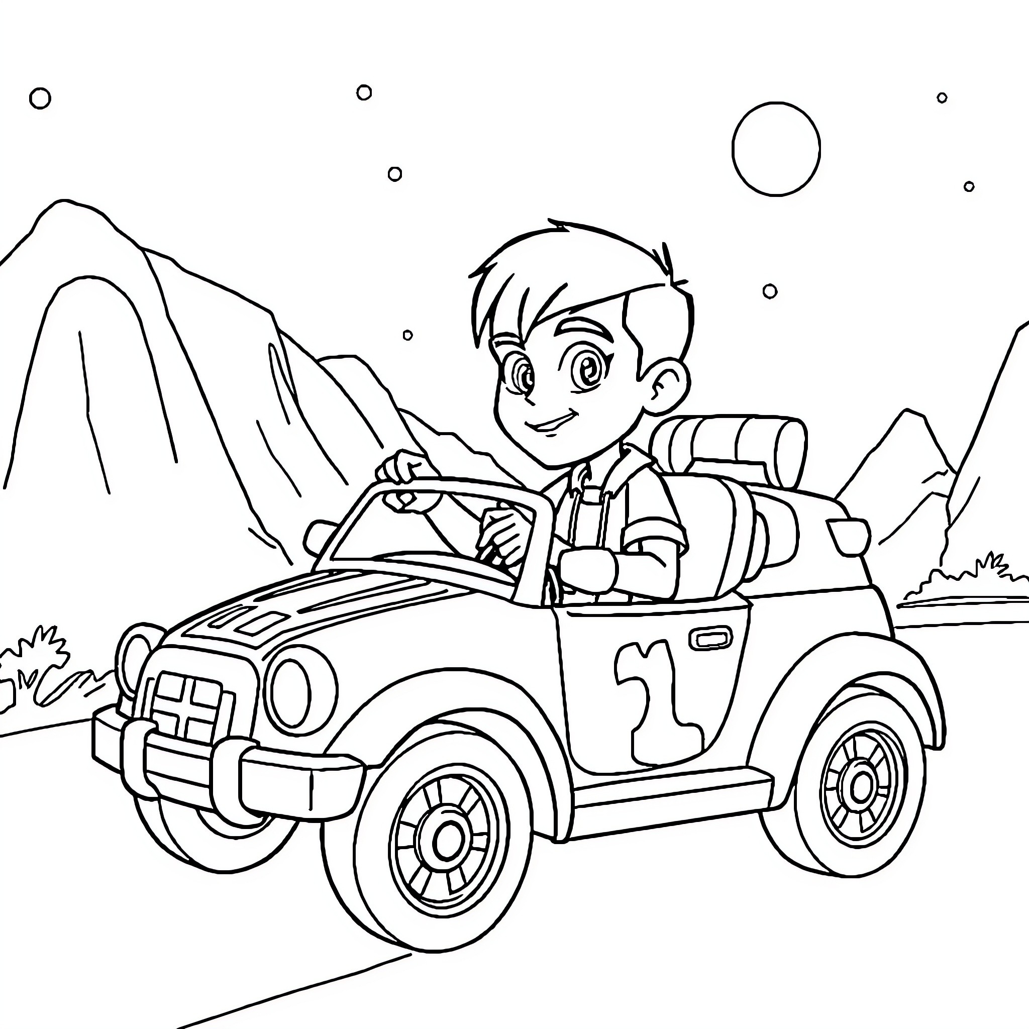 Ben 10 driving off-road vehicle in mountain landscape Coloring Page (free black-and-white line drawing printable PDF for all, from beginners to advanced learners, including children, teens, adults, and seniors)