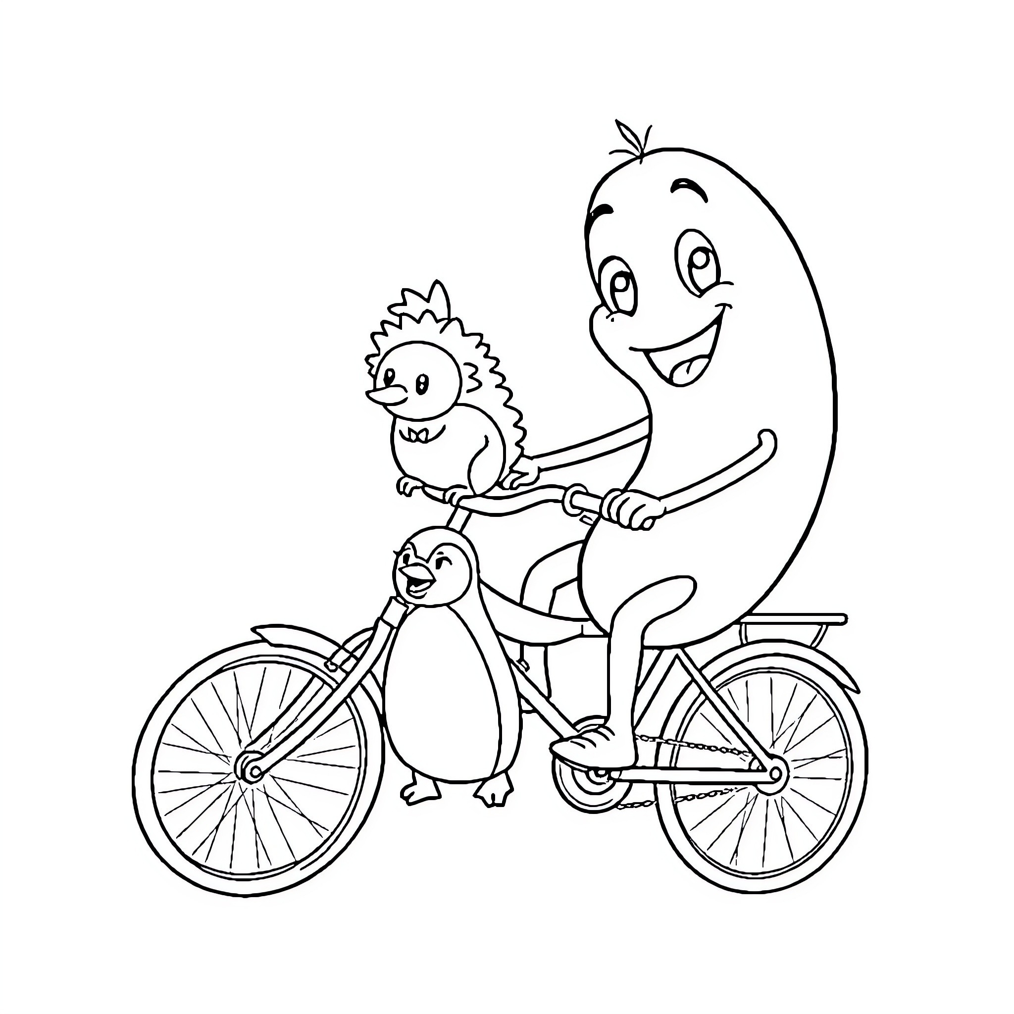 Kidney Bean characters riding a bicycle together Coloring Page (free black-and-white line drawing printable PDF for all, from beginners to advanced learners, including children, teens, adults, and seniors)