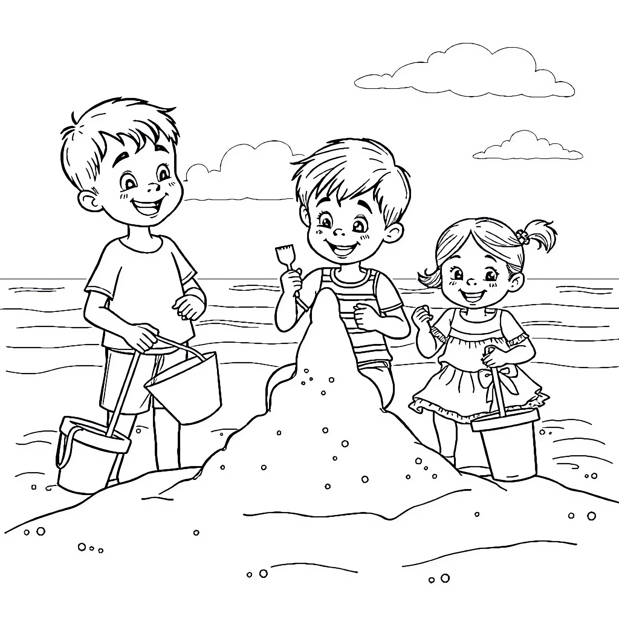 Children playing happily at the beach Coloring Page (free black-and-white line drawing printable PDF for all, from beginners to advanced learners, including children, teens, adults, and seniors)