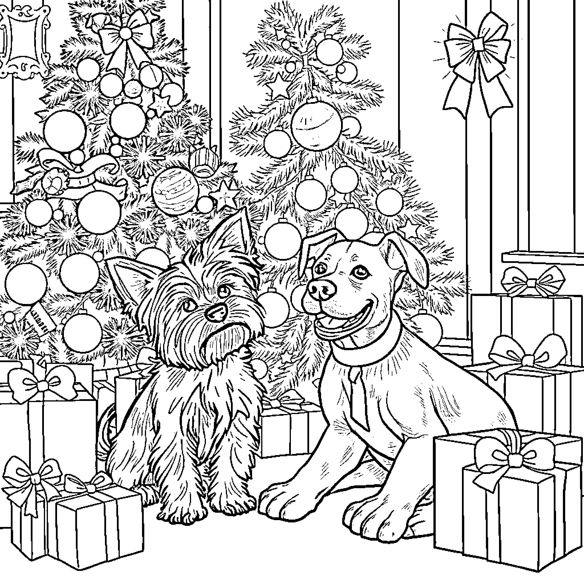 Dogs Playing With Christmas Decorations Coloring Page (free black-and-white line drawing printable PDF for all, from beginners to advanced learners, including children, teens, adults, and seniors)