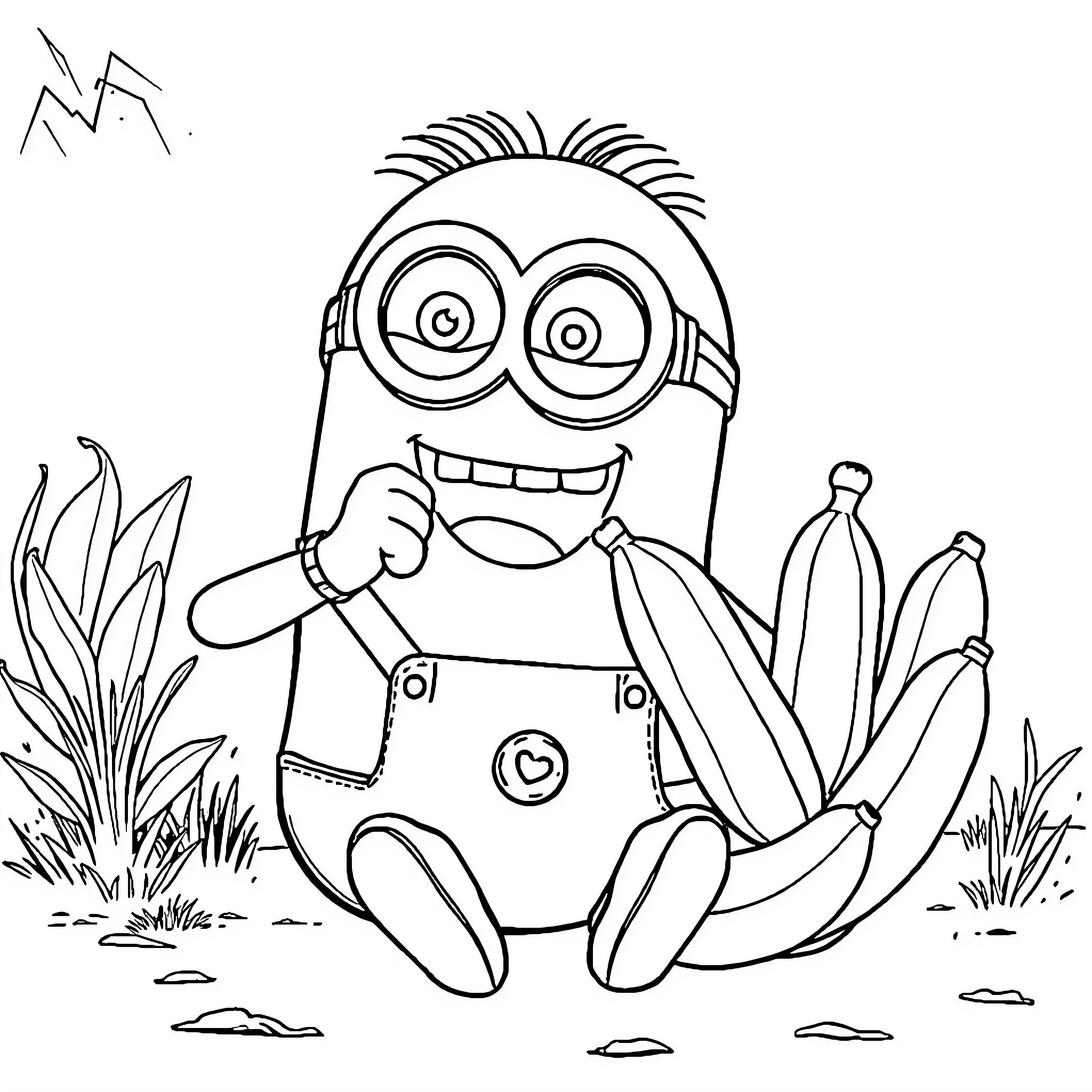 Minion resting with bananas in the garden Coloring Page (free black-and-white line drawing printable PDF for all, from beginners to advanced learners, including children, teens, adults, and seniors)