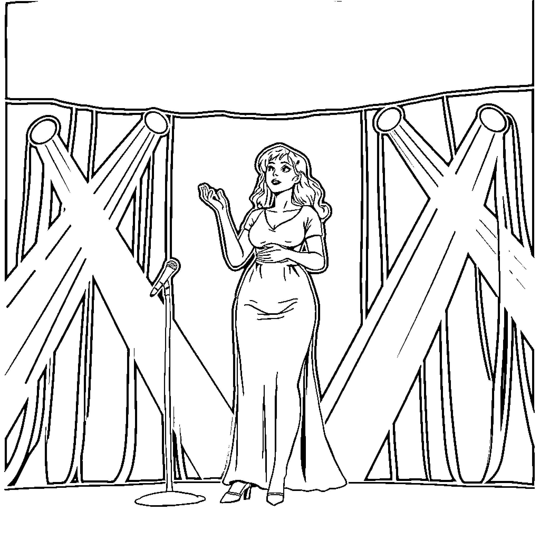 Karol G performing on stage in elegant dress Coloring Page (free black-and-white line drawing printable PDF for all, from beginners to advanced learners, including children, teens, adults, and seniors)