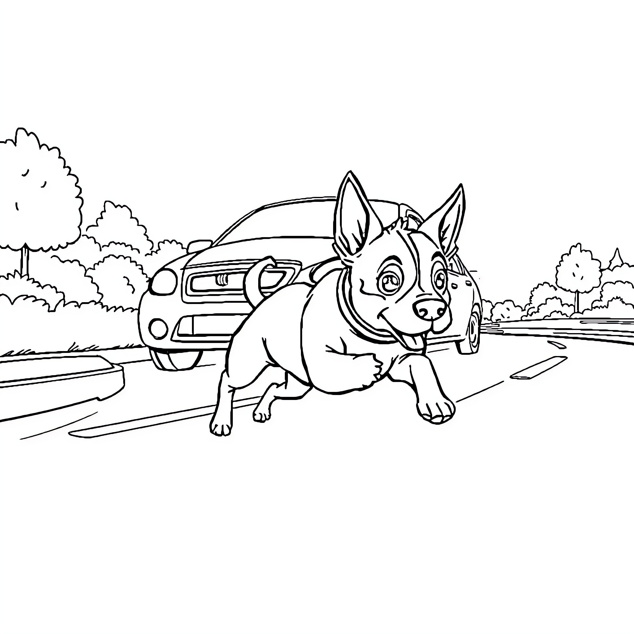 Dog running playfully on the road Coloring Page (free black-and-white line drawing printable PDF for all, from beginners to advanced learners, including children, teens, adults, and seniors)