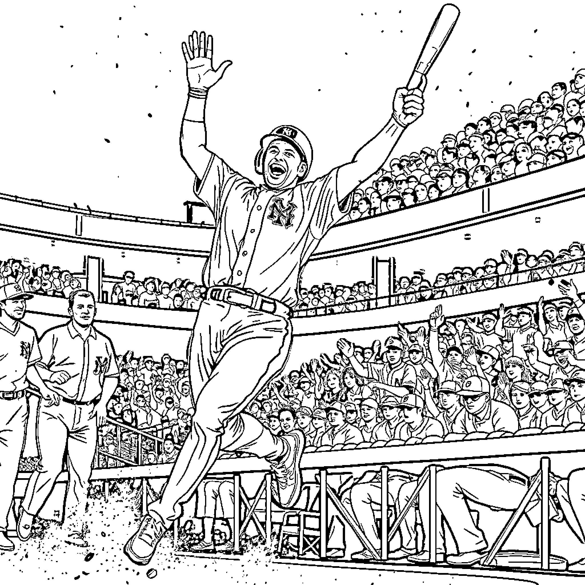 George Springer celebrating victory at baseball game Coloring Page (free black-and-white line drawing printable PDF for all, from beginners to advanced learners, including children, teens, adults, and seniors)