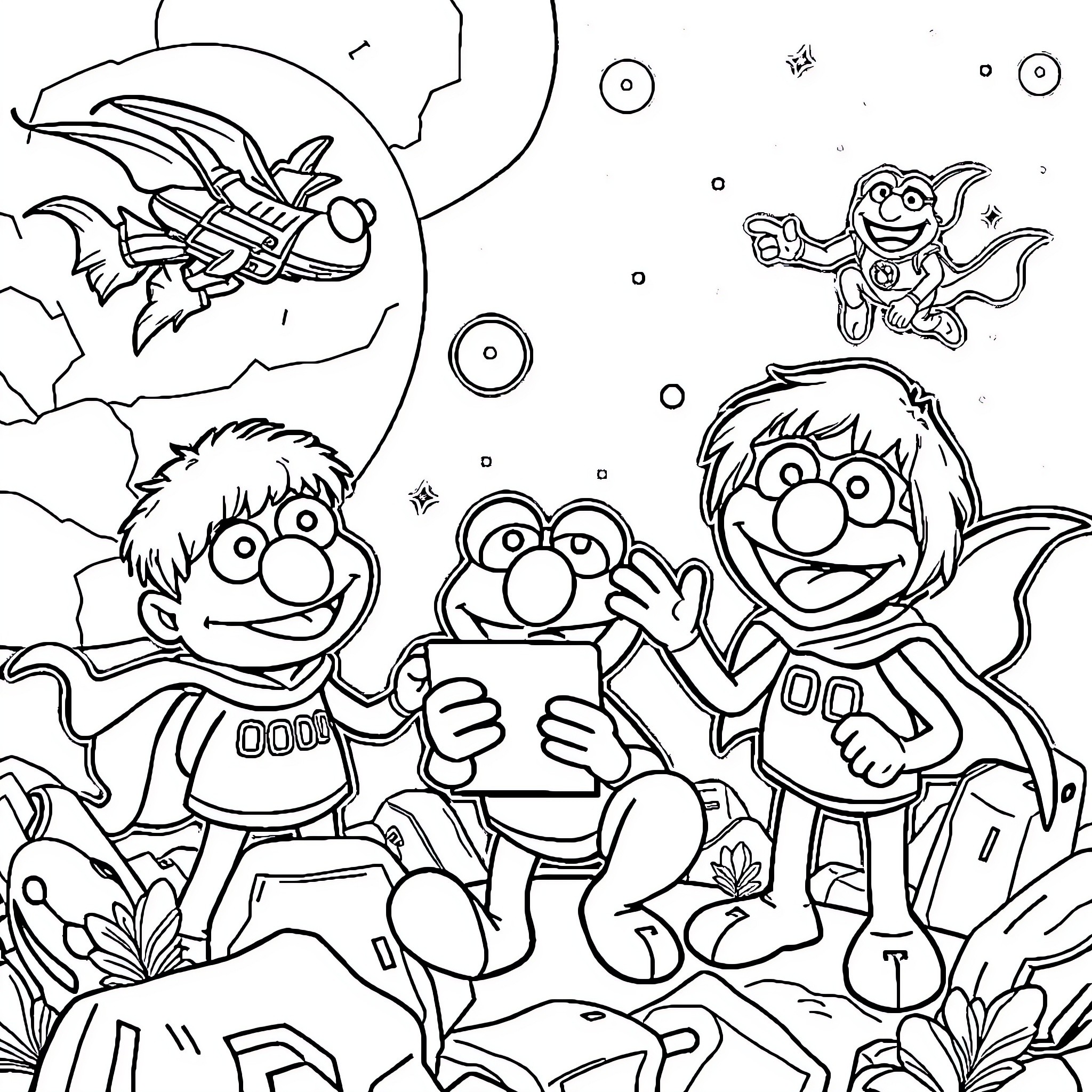 Muppet Babies Playing with Toys in Outer Space Coloring Page (free black-and-white line drawing printable PDF for all, from beginners to advanced learners, including children, teens, adults, and seniors)
