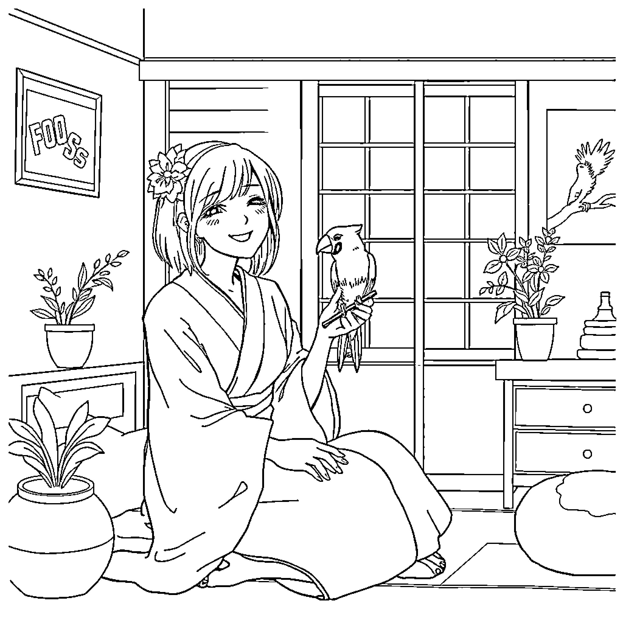 Woman sitting comfortably in a cozy room Coloring Page (free black-and-white line drawing printable PDF for all, from beginners to advanced learners, including children, teens, adults, and seniors)