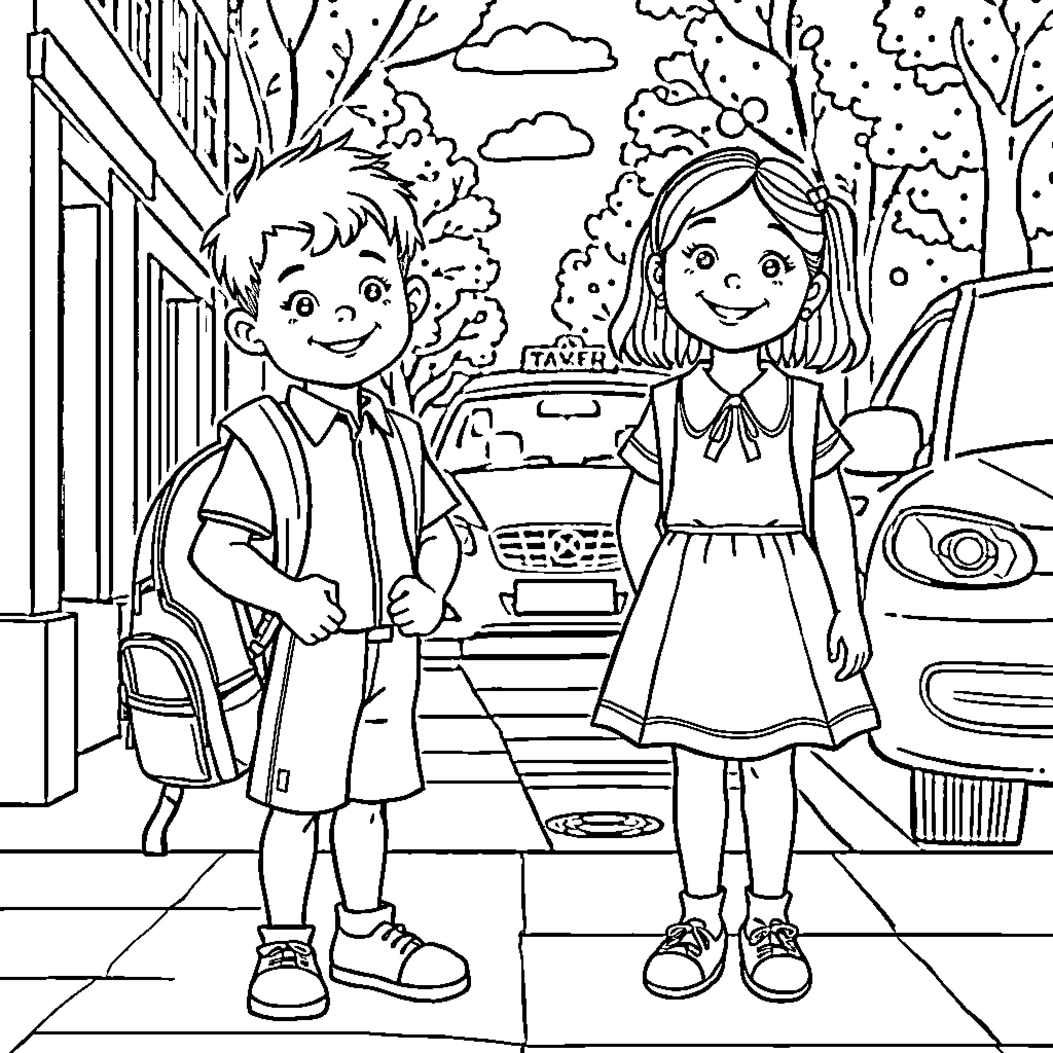 Child Enjoying an Outdoor Adventure with a Friend Coloring Page (free black-and-white line drawing printable PDF for all, from beginners to advanced learners, including children, teens, adults, and seniors)