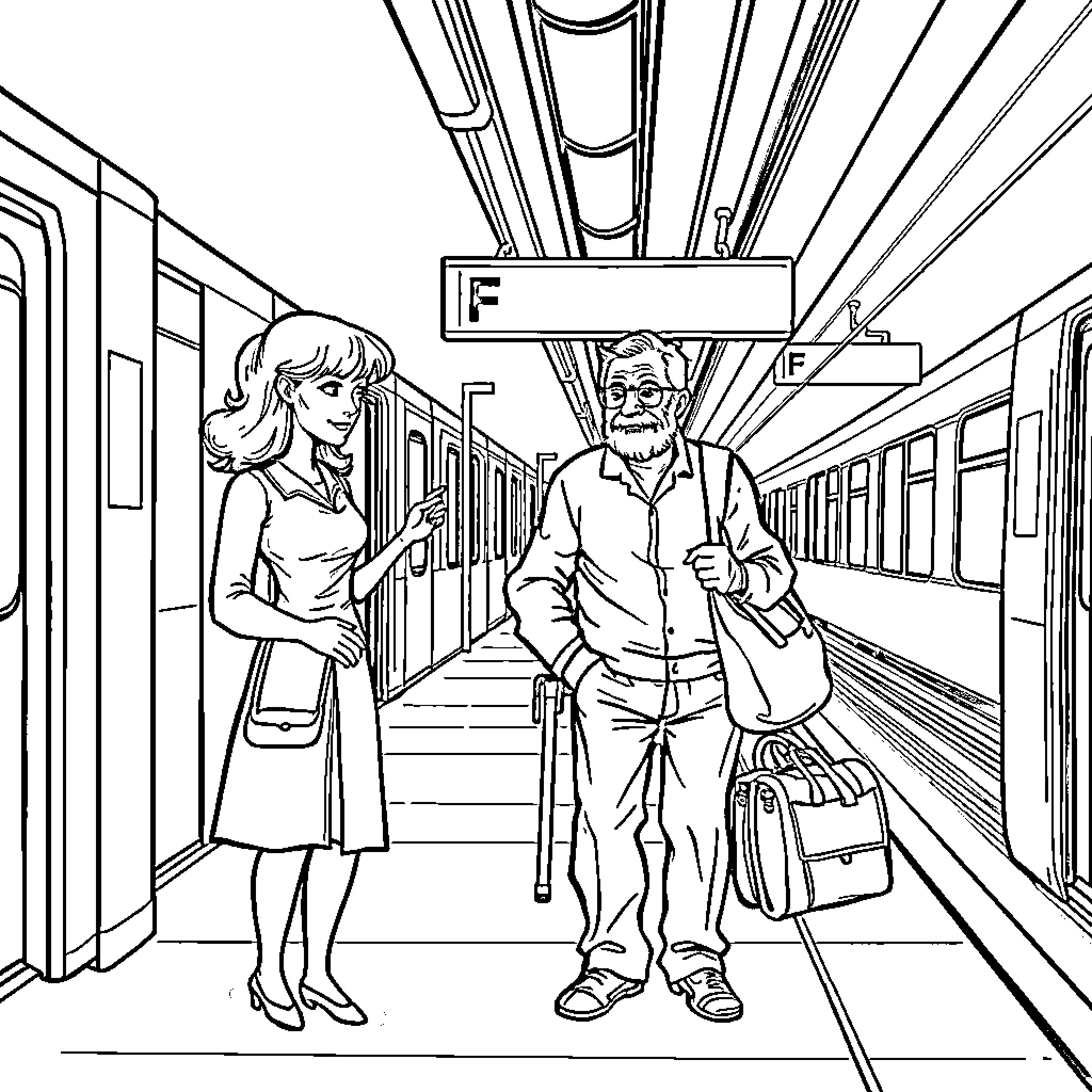 Wife and husband traveling by train Coloring Page (free black-and-white line drawing printable PDF for all, from beginners to advanced learners, including children, teens, adults, and seniors)