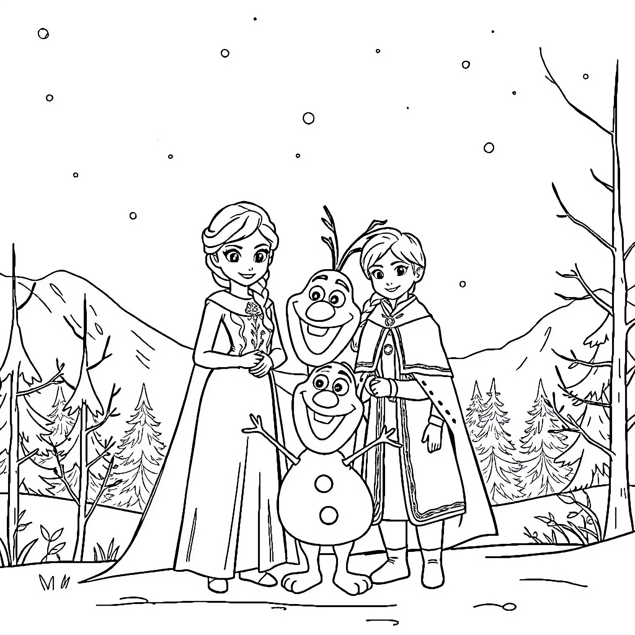 Frozen friends enjoying winter wonderland Coloring Page (free black-and-white line drawing printable PDF for all, from beginners to advanced learners, including children, teens, adults, and seniors)