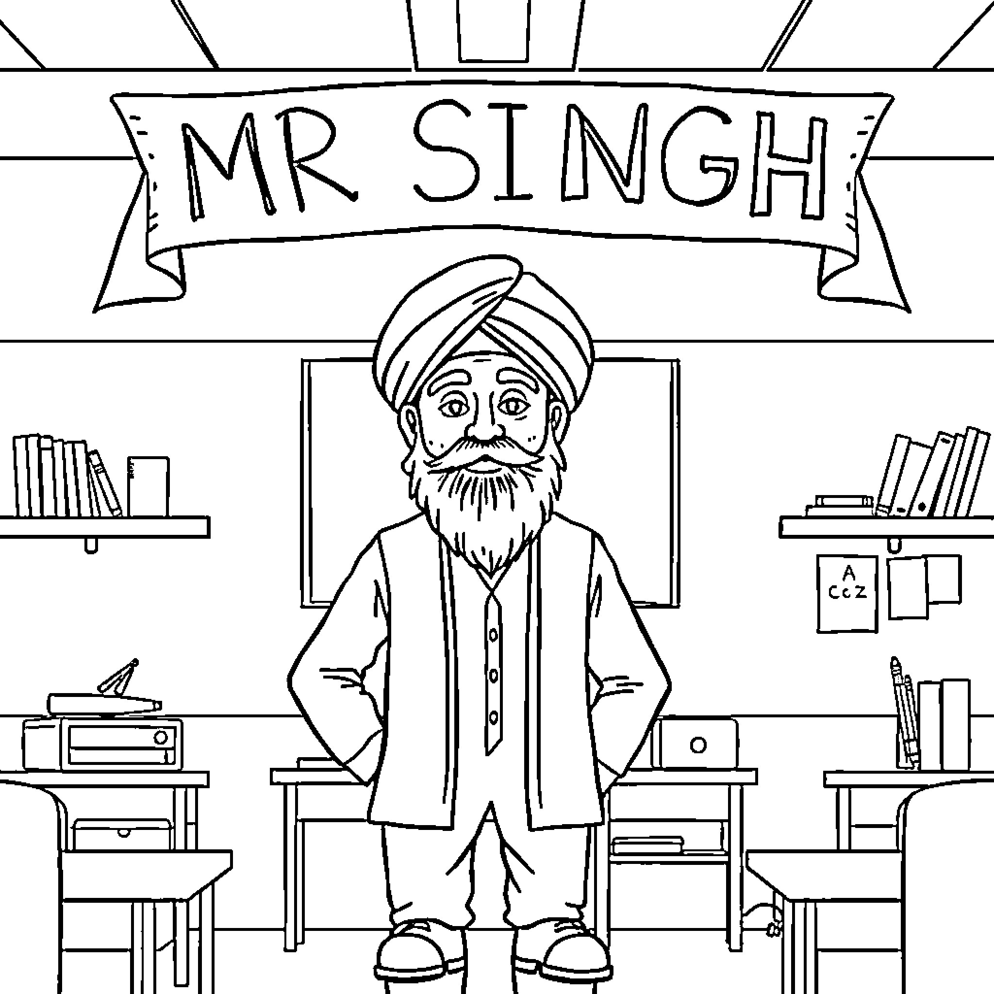 Teacher Mr. Singh in Classroom Setting Coloring Page (free black-and-white line drawing printable PDF for all, from beginners to advanced learners, including children, teens, adults, and seniors)