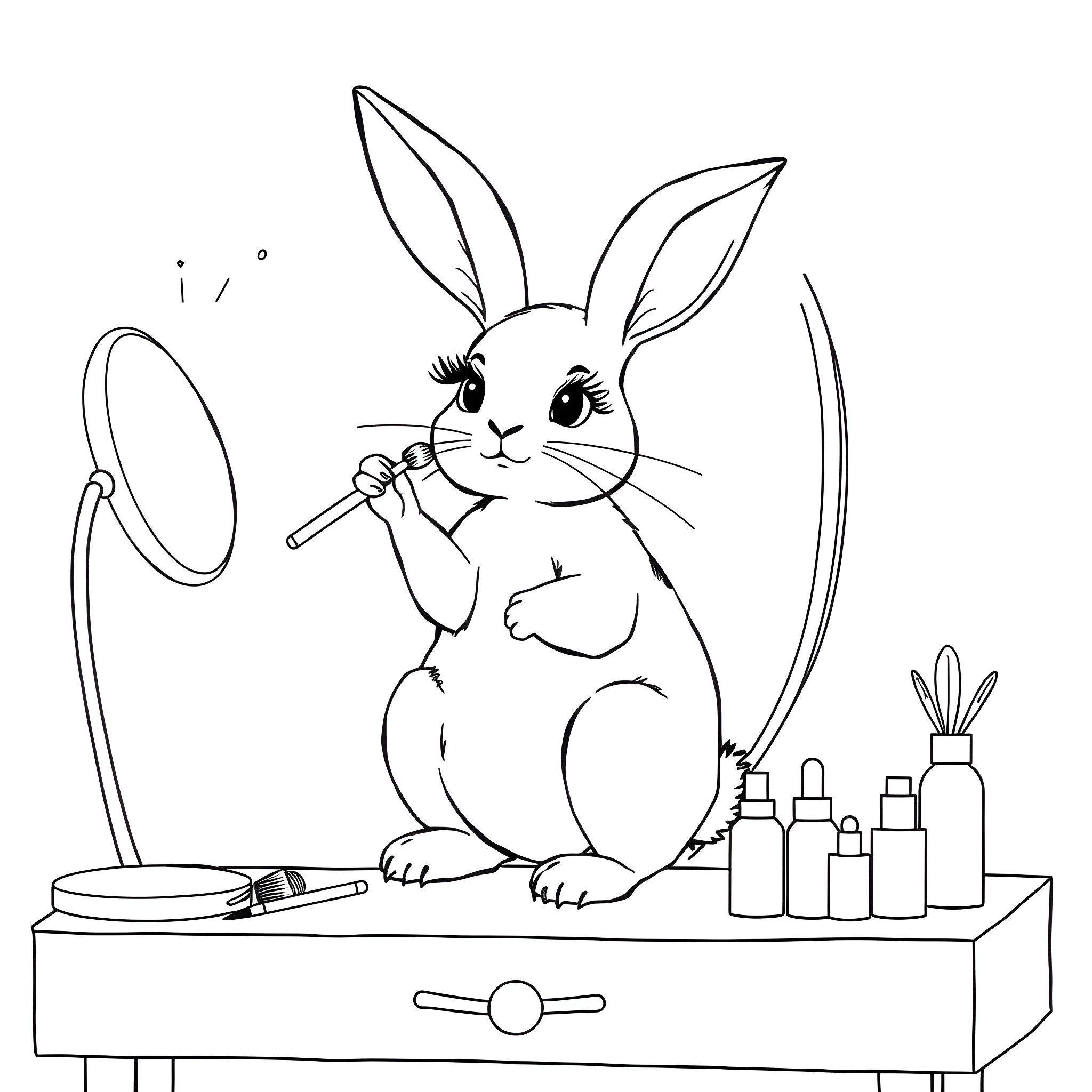 Rabbit getting ready in front of mirror Coloring Page (free black-and-white line drawing printable PDF for all, from beginners to advanced learners, including children, teens, adults, and seniors)