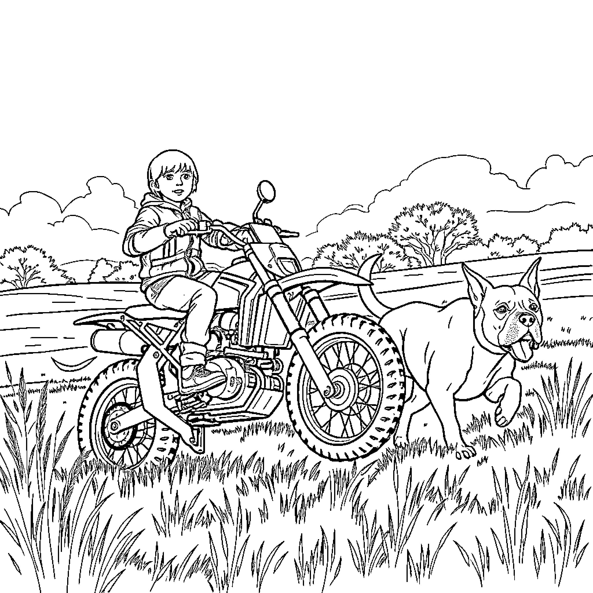 Boy riding motorcycle with pet dog in the countryside Coloring Page (free black-and-white line drawing printable PDF for all, from beginners to advanced learners, including children, teens, adults, and seniors)