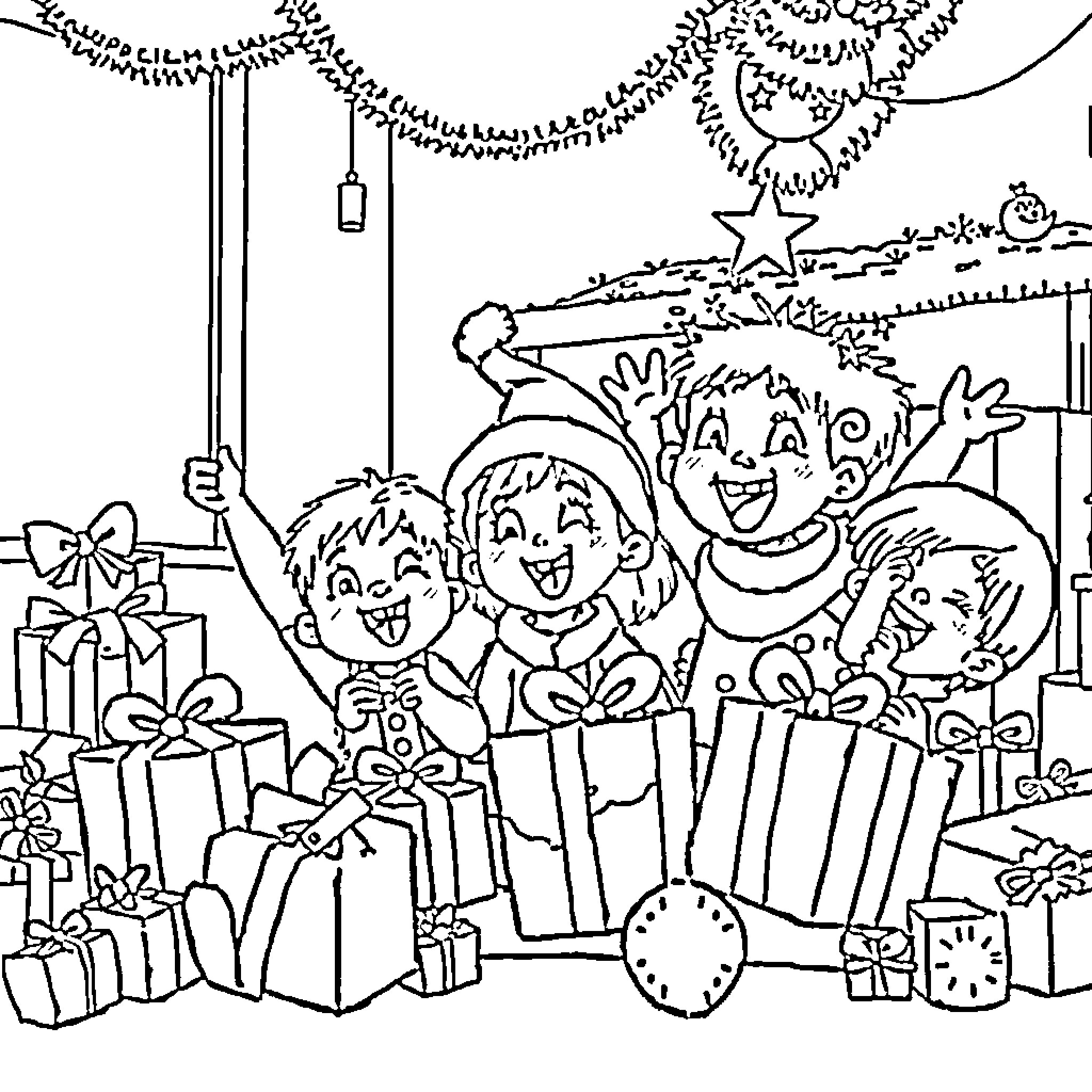 Kid's Joyful Holiday Celebration with Friends Coloring Page (free black-and-white line drawing printable PDF for all, from beginners to advanced learners, including children, teens, adults, and seniors)