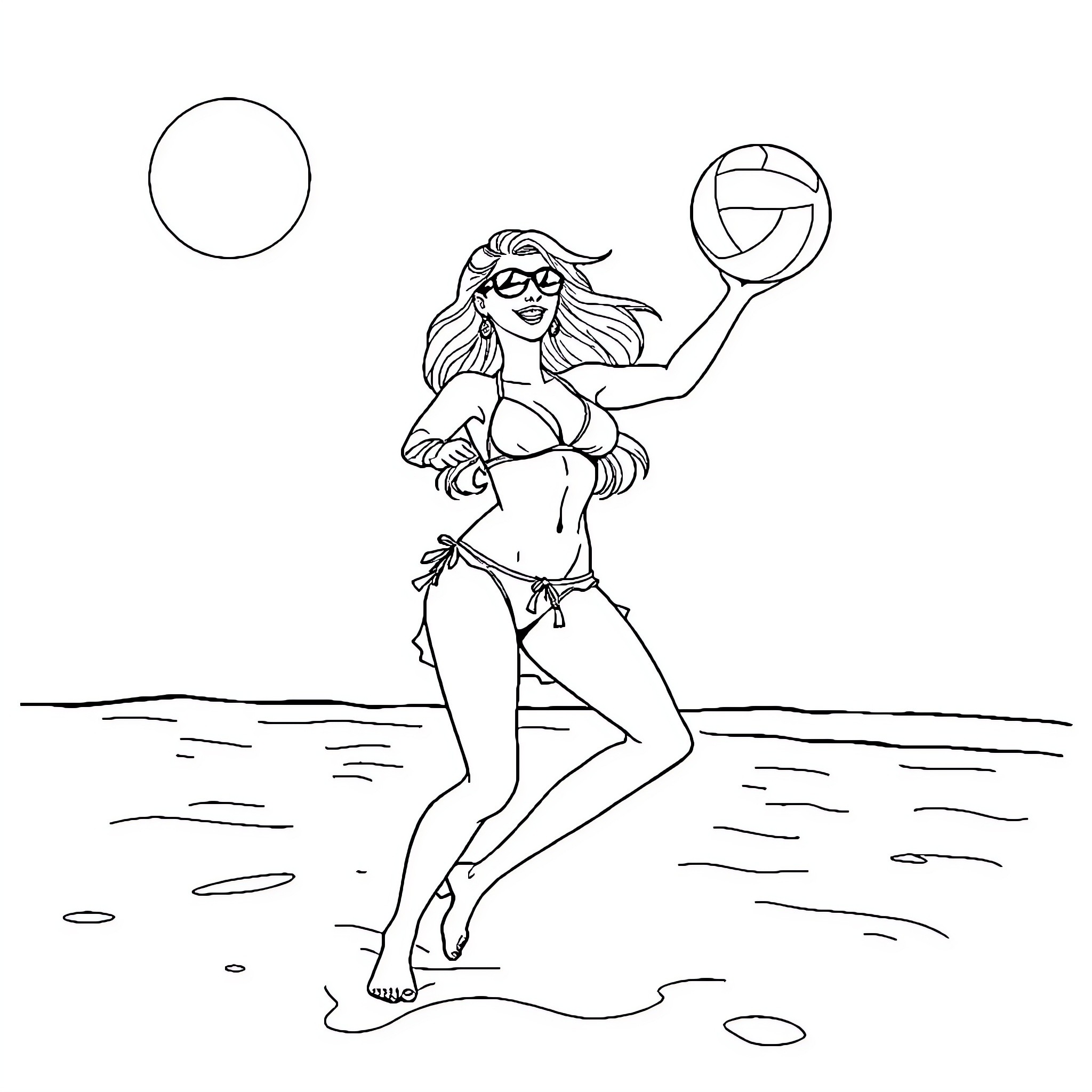 Lady playing beach volleyball with enthusiasm Coloring Page (free black-and-white line drawing printable PDF for all, from beginners to advanced learners, including children, teens, adults, and seniors)