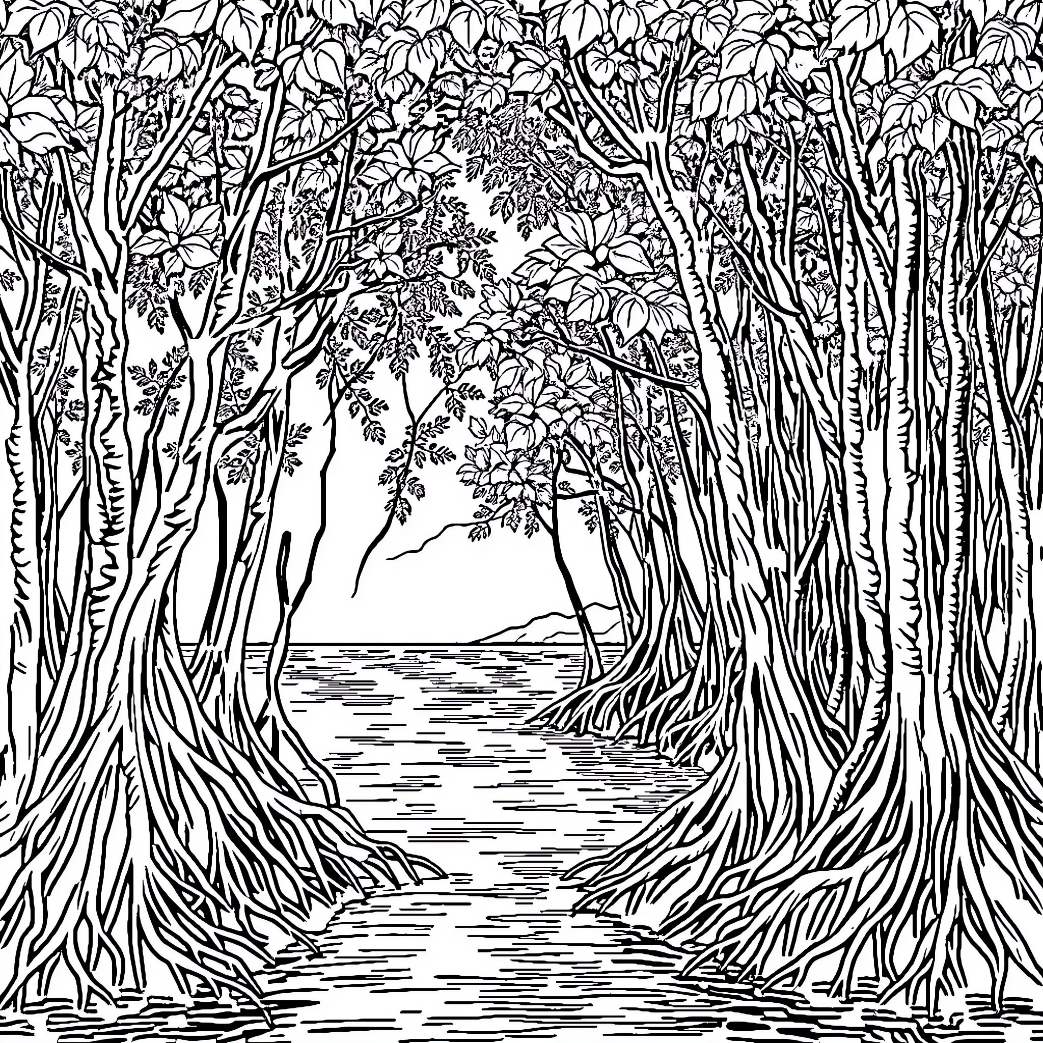 Mangrove Waterway Through Dense Foliage Coloring Page (free black-and-white line drawing printable PDF for all, from beginners to advanced learners, including children, teens, adults, and seniors)
