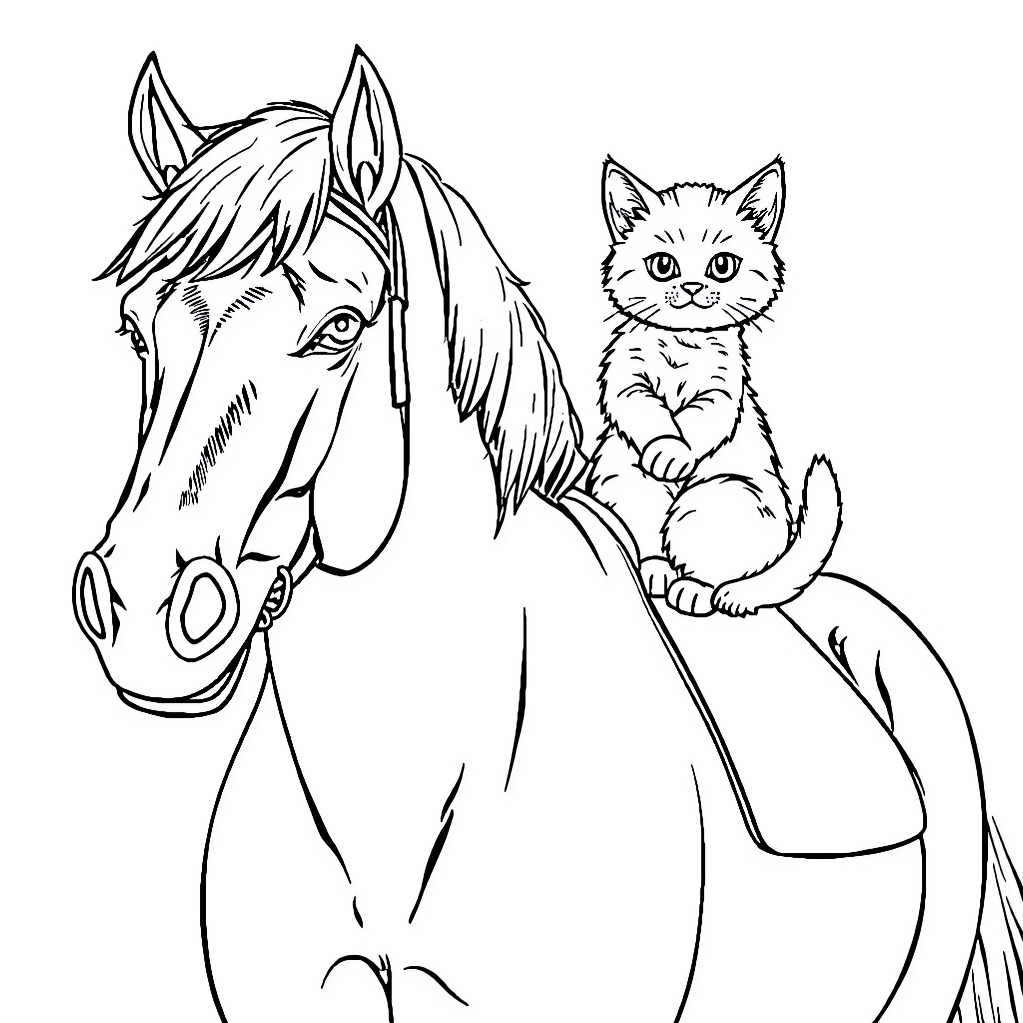 Cat Riding Alongside a Horse Coloring Page (free black-and-white line drawing printable PDF for all, from beginners to advanced learners, including children, teens, adults, and seniors)