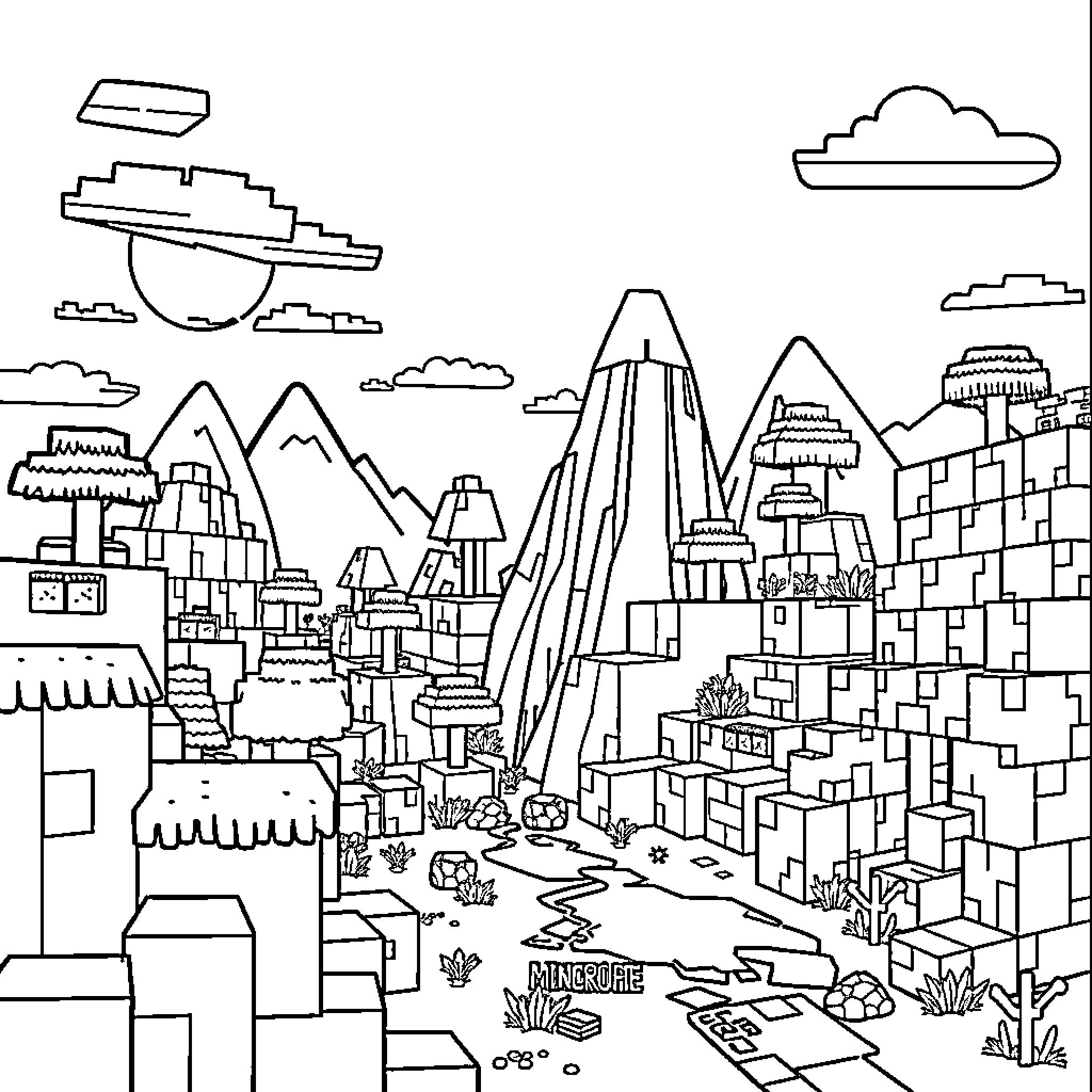 Minecraft Landscape with Towering Mountains and Cityscape Coloring Page (free black-and-white line drawing printable PDF for all, from beginners to advanced learners, including children, teens, adults, and seniors)