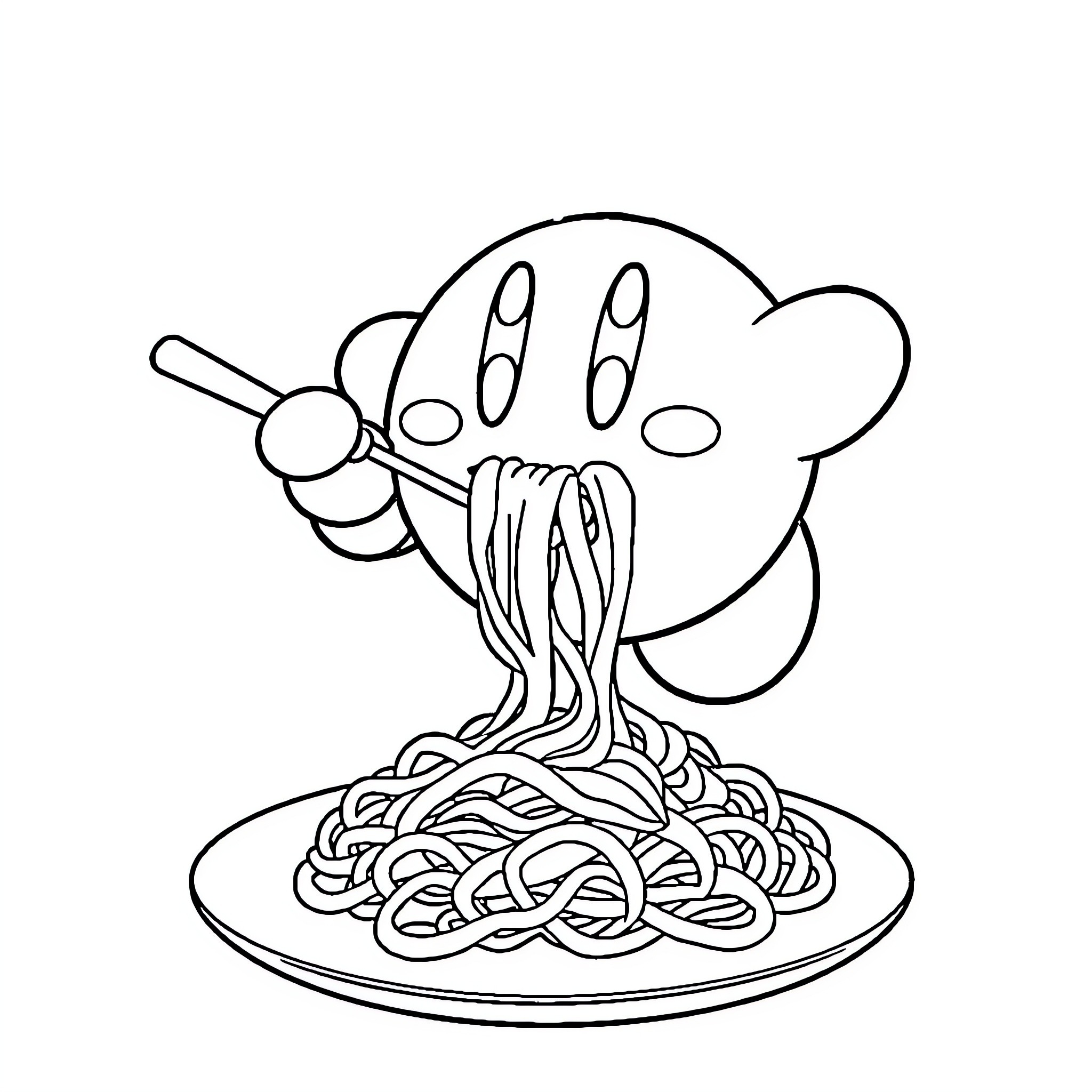 Kirby Enjoying a Plate of Spaghetti Coloring Page (free black-and-white line drawing printable PDF for all, from beginners to advanced learners, including children, teens, adults, and seniors)