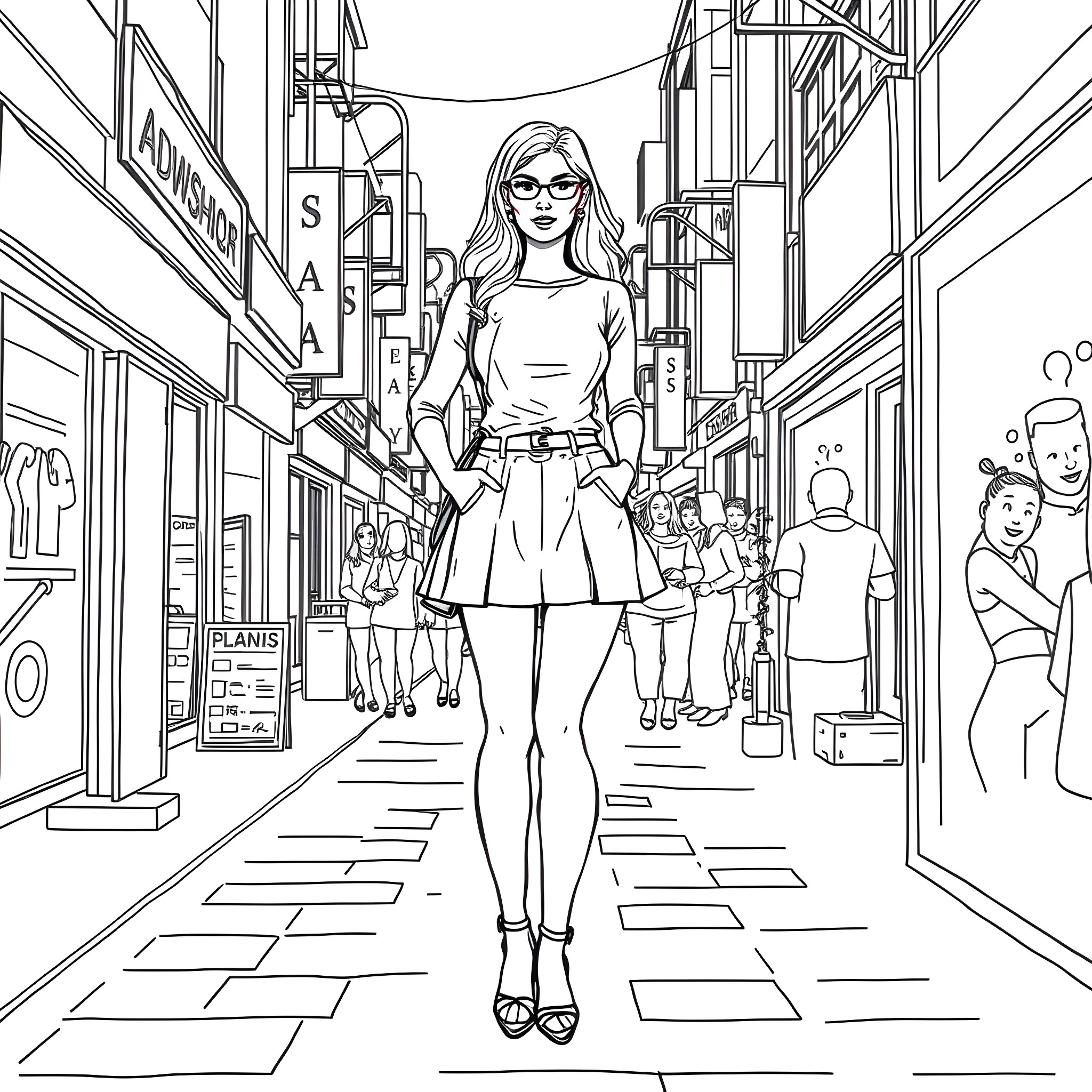 Woman walking in a busy city street Coloring Page (free black-and-white line drawing printable PDF for all, from beginners to advanced learners, including children, teens, adults, and seniors)