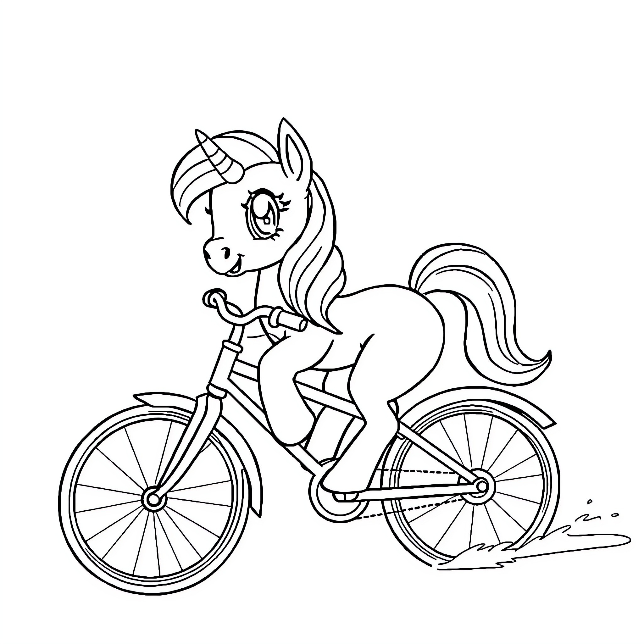 Pony riding a bicycle happily Coloring Page (free black-and-white line drawing printable PDF for all, from beginners to advanced learners, including children, teens, adults, and seniors)