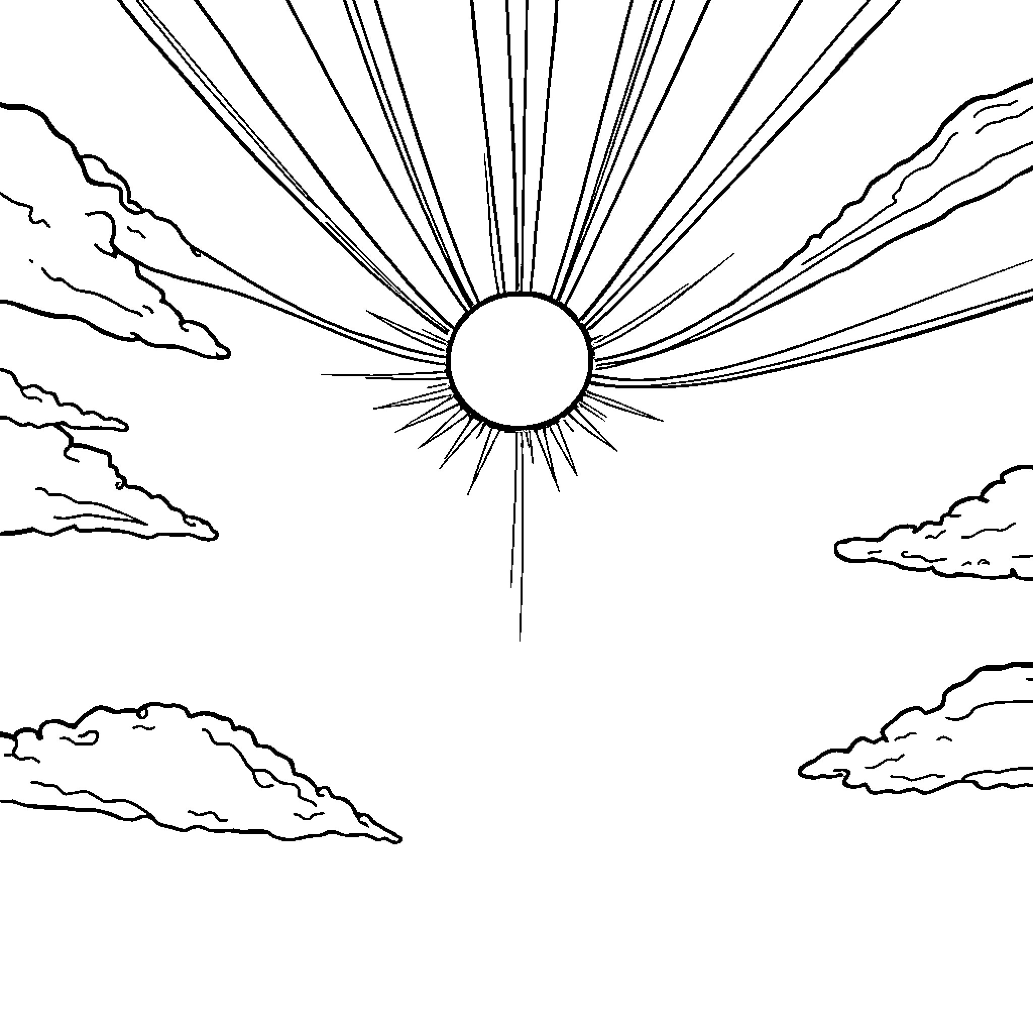 Sun Shining Brightly Through Clouds Coloring Page (free black-and-white line drawing printable PDF for all, from beginners to advanced learners, including children, teens, adults, and seniors)