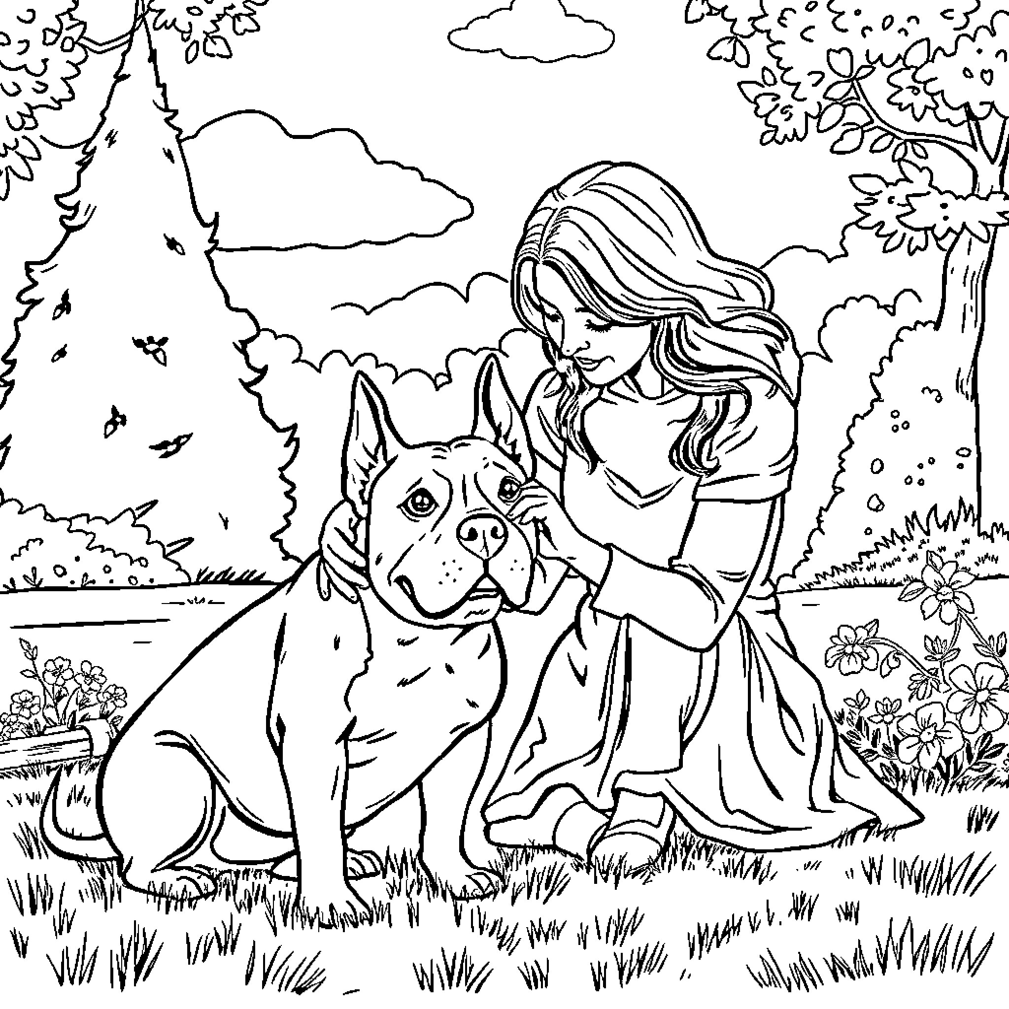 Wife playing happily with her dog in the park Coloring Page (free black-and-white line drawing printable PDF for all, from beginners to advanced learners, including children, teens, adults, and seniors)