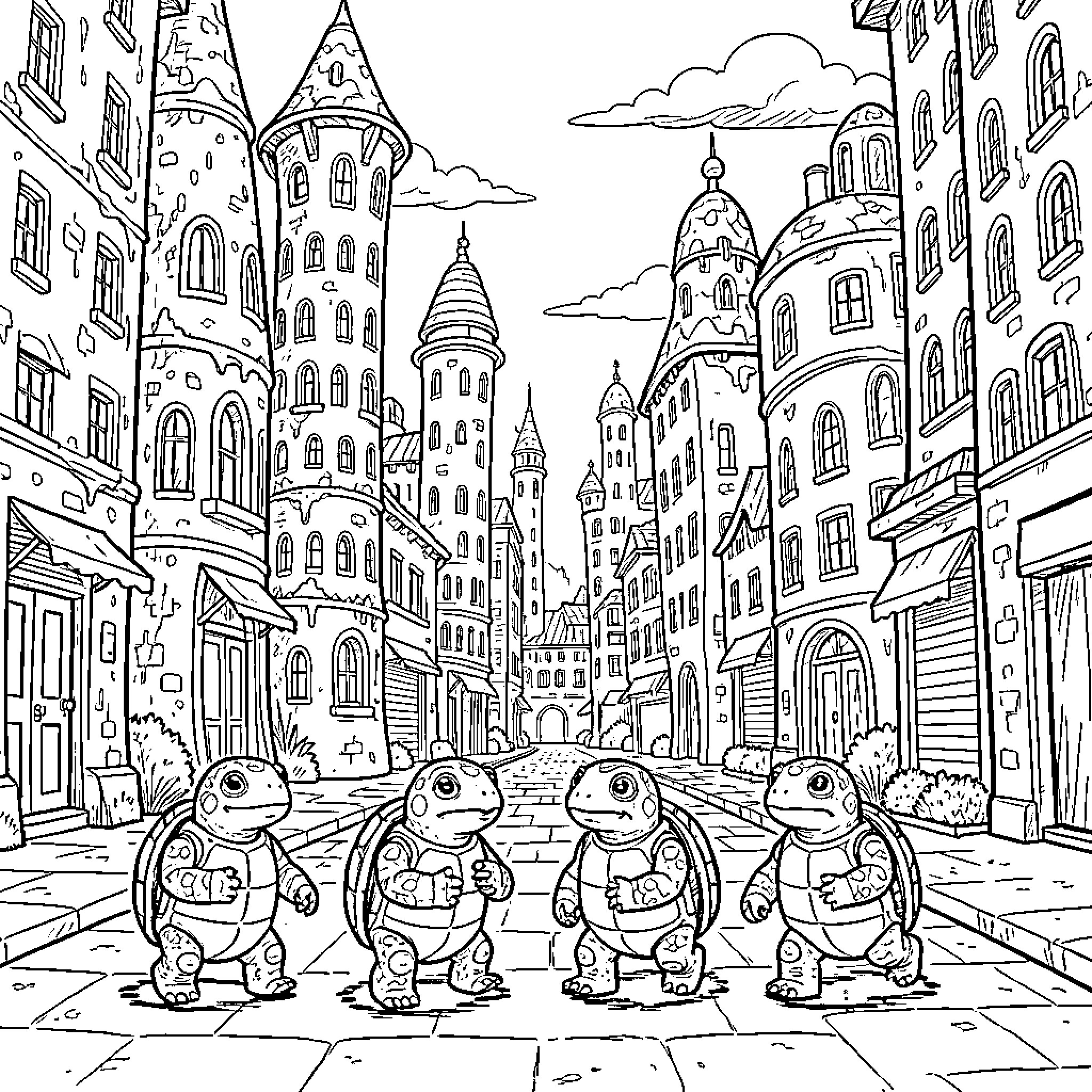 Turtle characters walking through a whimsical village street Coloring Page (free black-and-white line drawing printable PDF for all, from beginners to advanced learners, including children, teens, adults, and seniors)