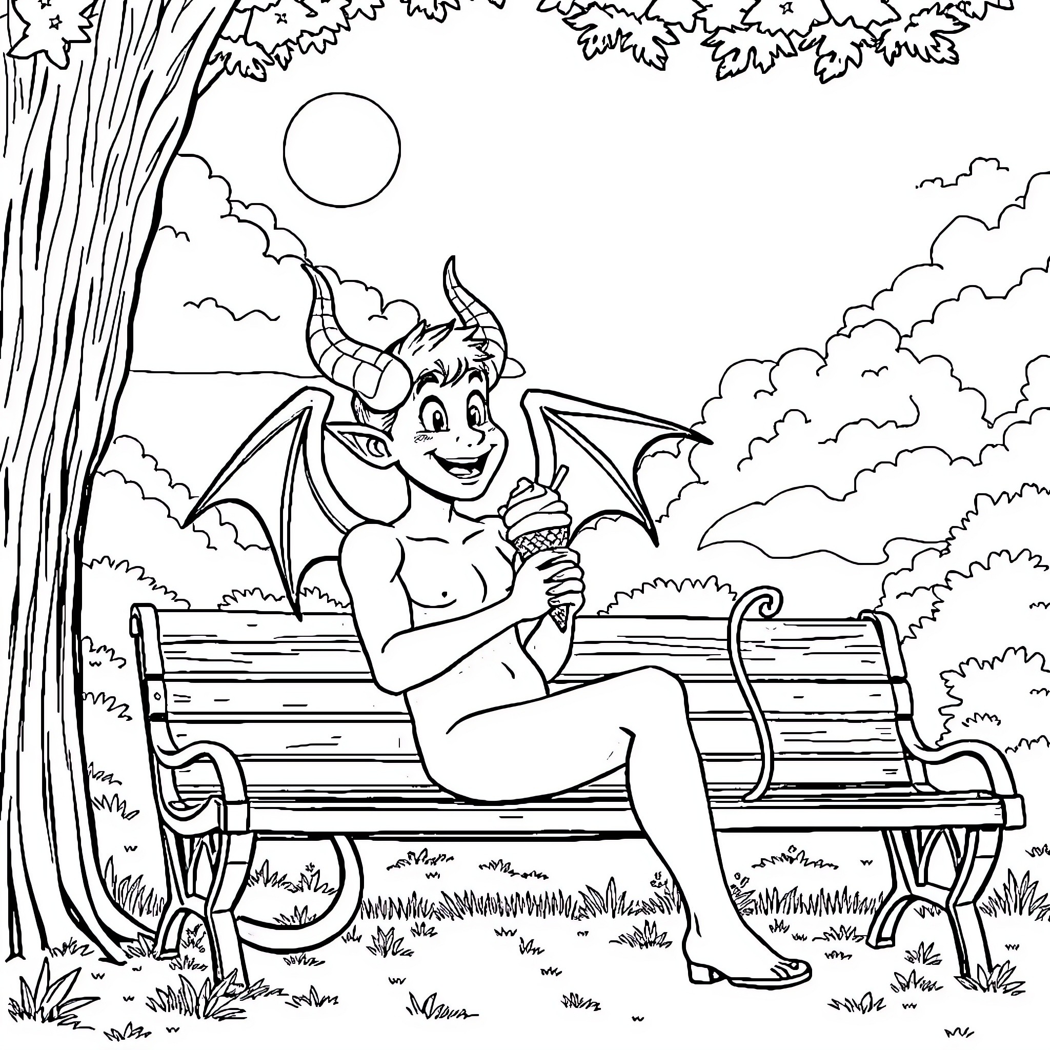 Lucifer enjoying a treat on a park bench Coloring Page (free black-and-white line drawing printable PDF for all, from beginners to advanced learners, including children, teens, adults, and seniors)