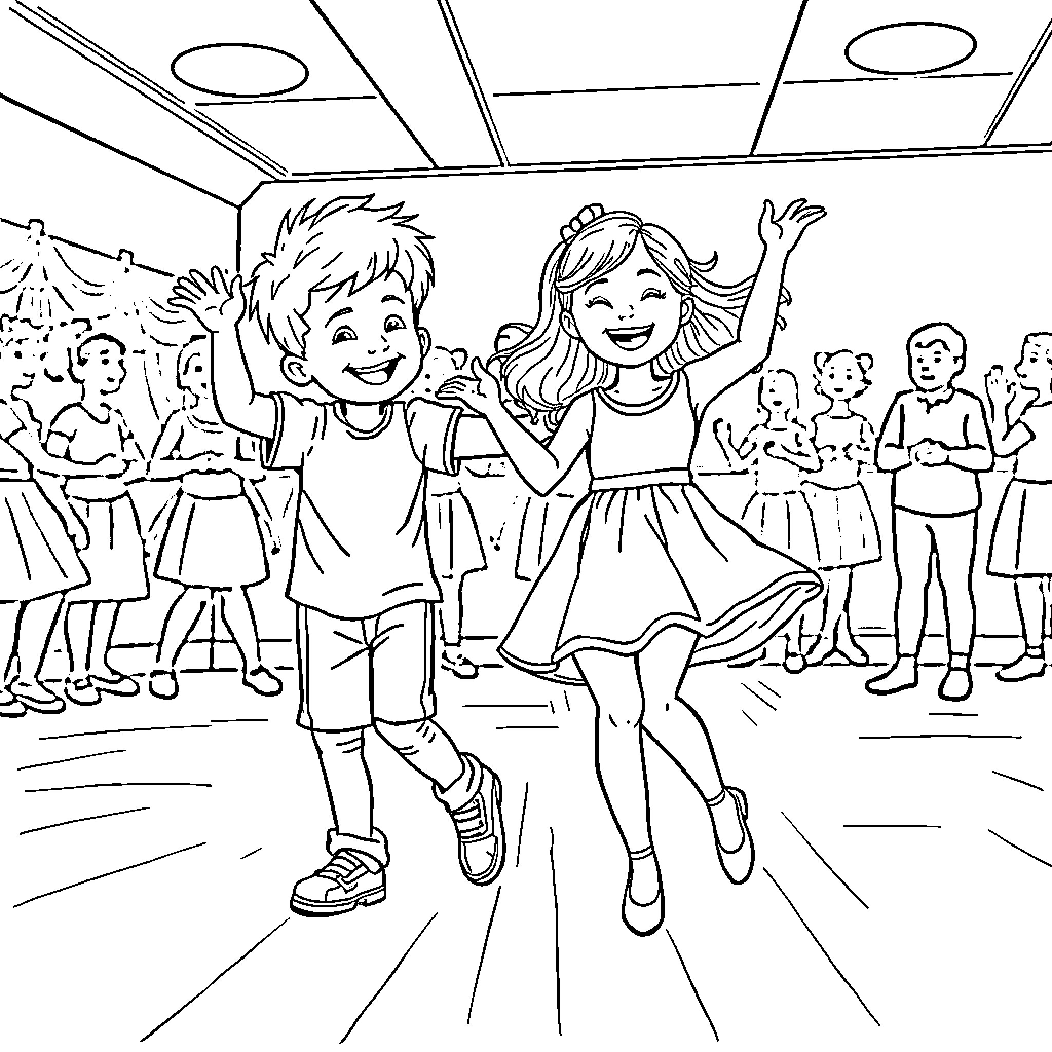 Child dancing joyfully with friends at a party Coloring Page (free black-and-white line drawing printable PDF for all, from beginners to advanced learners, including children, teens, adults, and seniors)