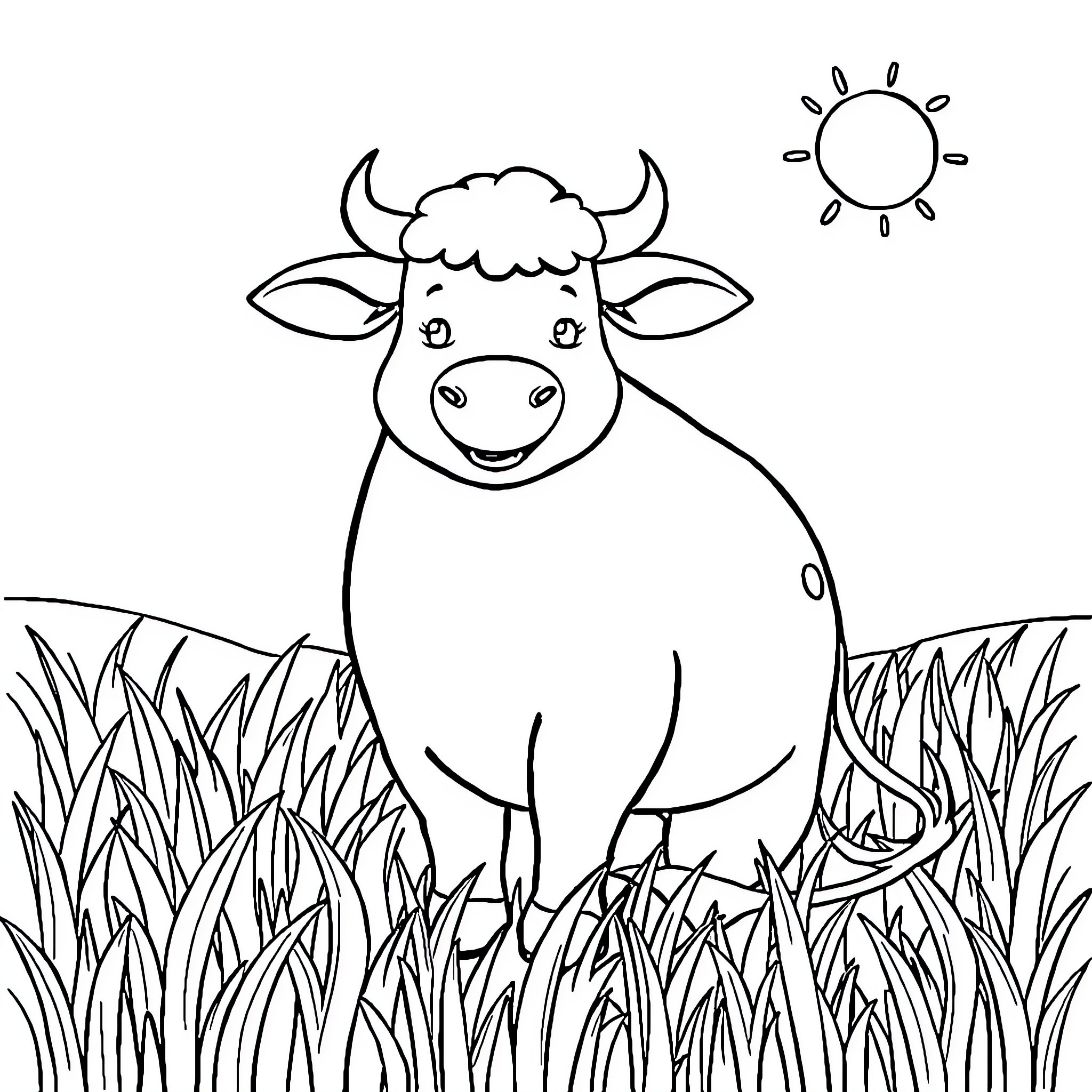 Cow enjoying the sunny day in the field Coloring Page (free black-and-white line drawing printable PDF for all, from beginners to advanced learners, including children, teens, adults, and seniors)