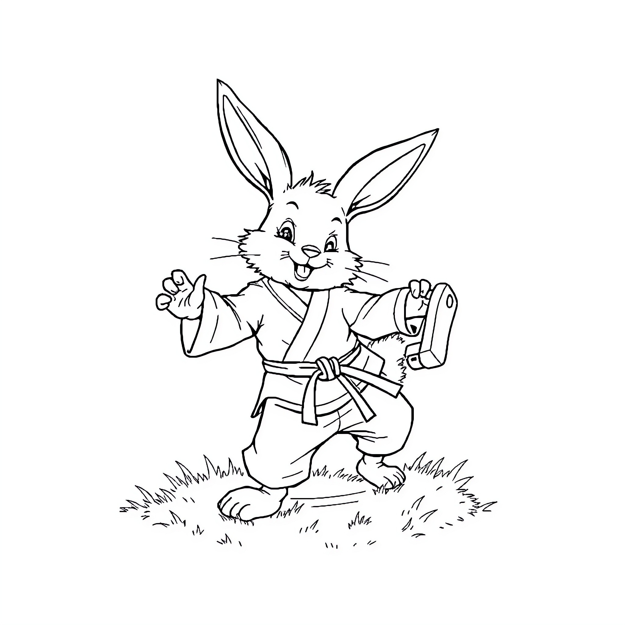 Bunny practicing martial arts in a field Coloring Page (free black-and-white line drawing printable PDF for all, from beginners to advanced learners, including children, teens, adults, and seniors)
