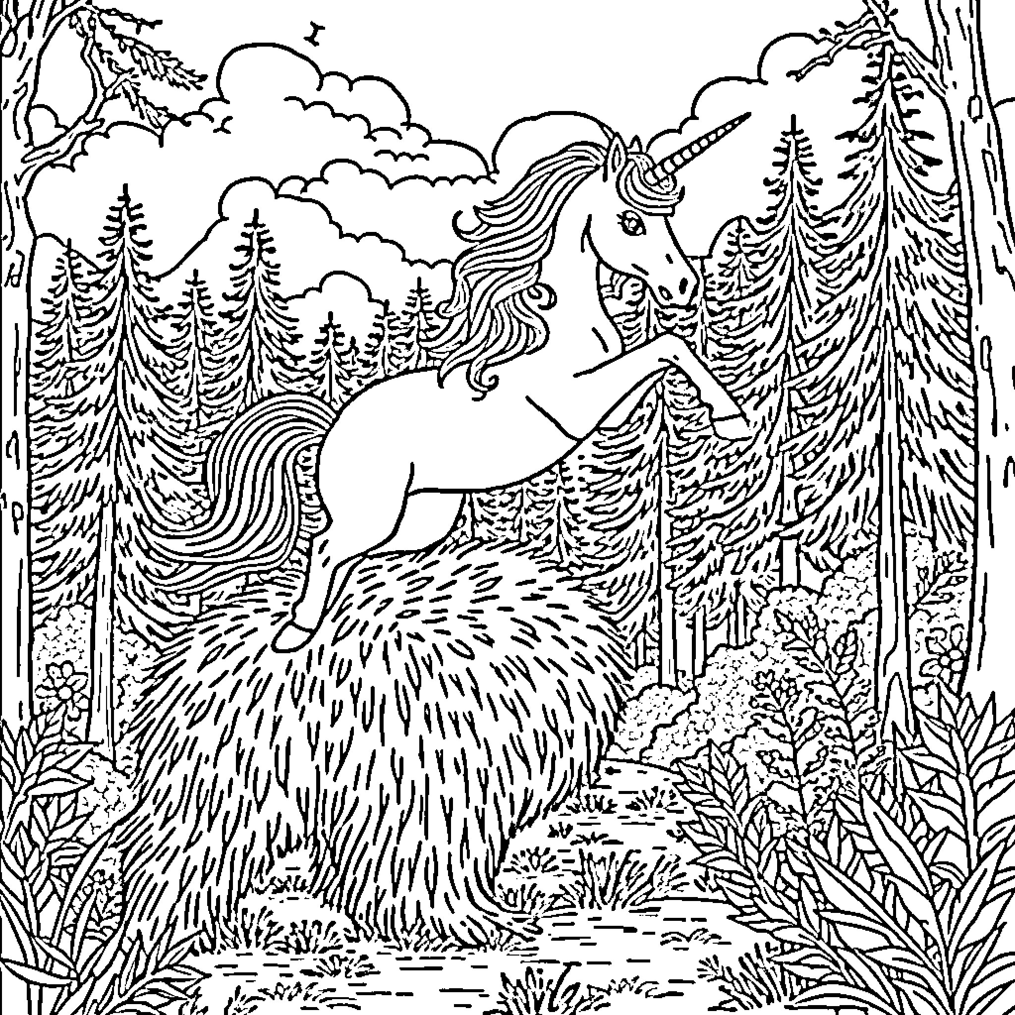 Unicorn frolicking in the enchanted forest Coloring Page (free black-and-white line drawing printable PDF for all, from beginners to advanced learners, including children, teens, adults, and seniors)