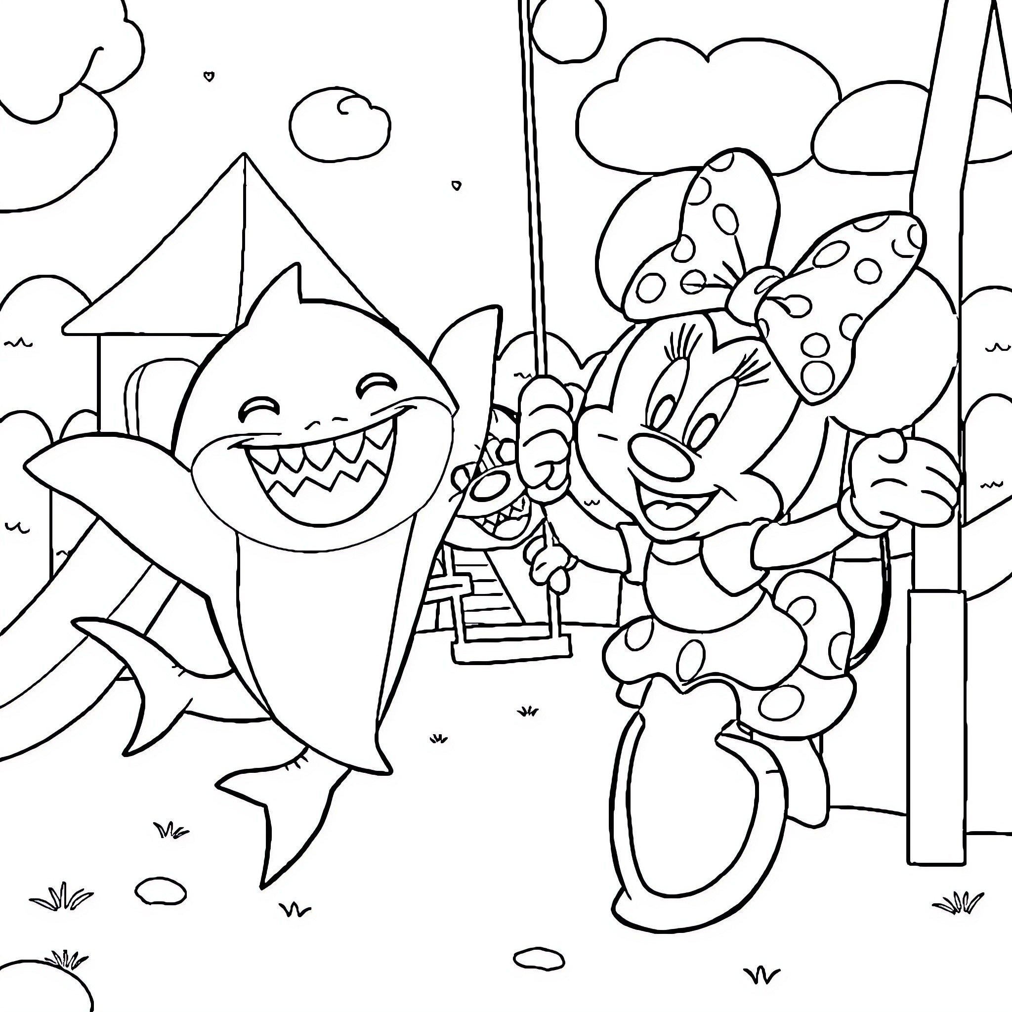 Playground of Cheerful Cartoon Characters Coloring Page (free black-and-white line drawing printable PDF for all, from beginners to advanced learners, including children, teens, adults, and seniors)