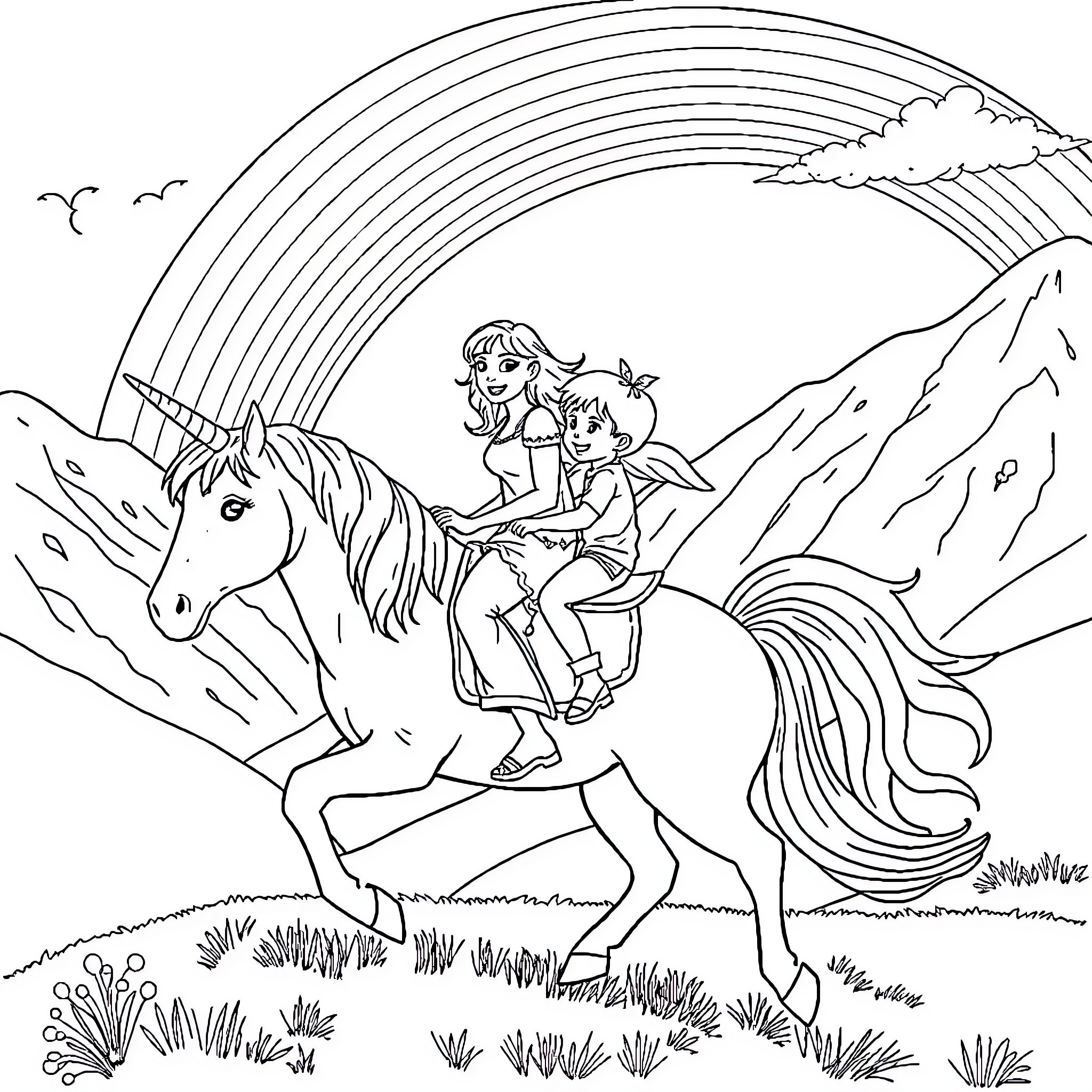 Unicorn Companions Riding Through Magical Landscape Coloring Page (free black-and-white line drawing printable PDF for all, from beginners to advanced learners, including children, teens, adults, and seniors)