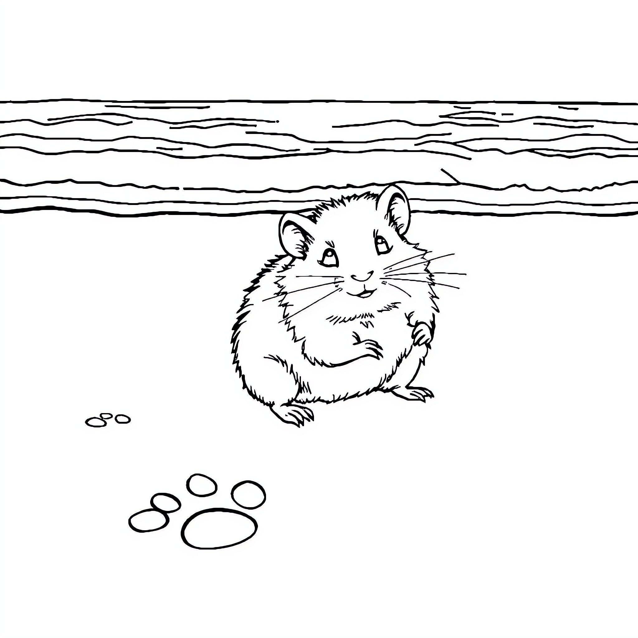 Hamster exploring a simple landscape Coloring Page (free black-and-white line drawing printable PDF for all, from beginners to advanced learners, including children, teens, adults, and seniors)