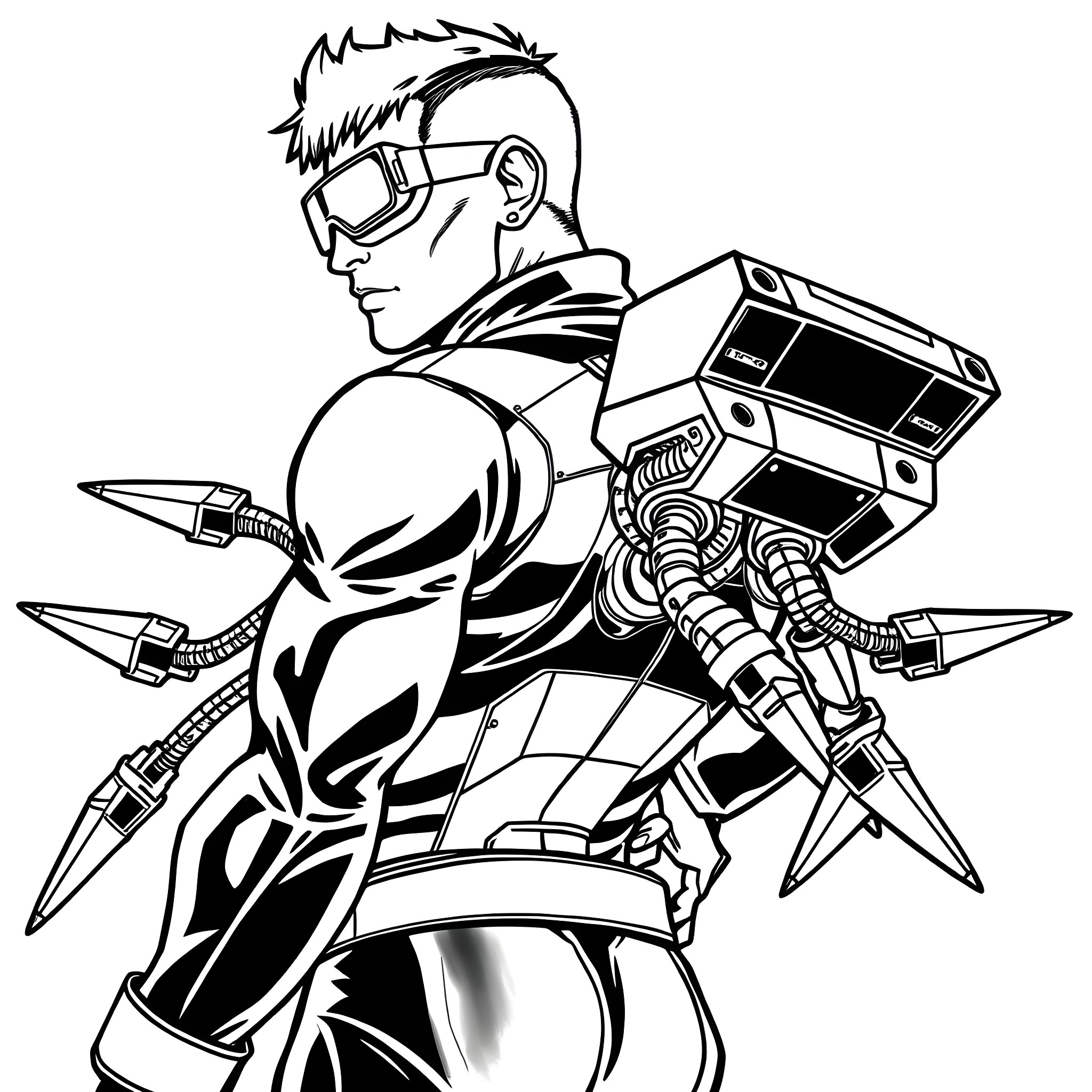 Man in futuristic armored combat gear Coloring Page (free black-and-white line drawing printable PDF for all, from beginners to advanced learners, including children, teens, adults, and seniors)