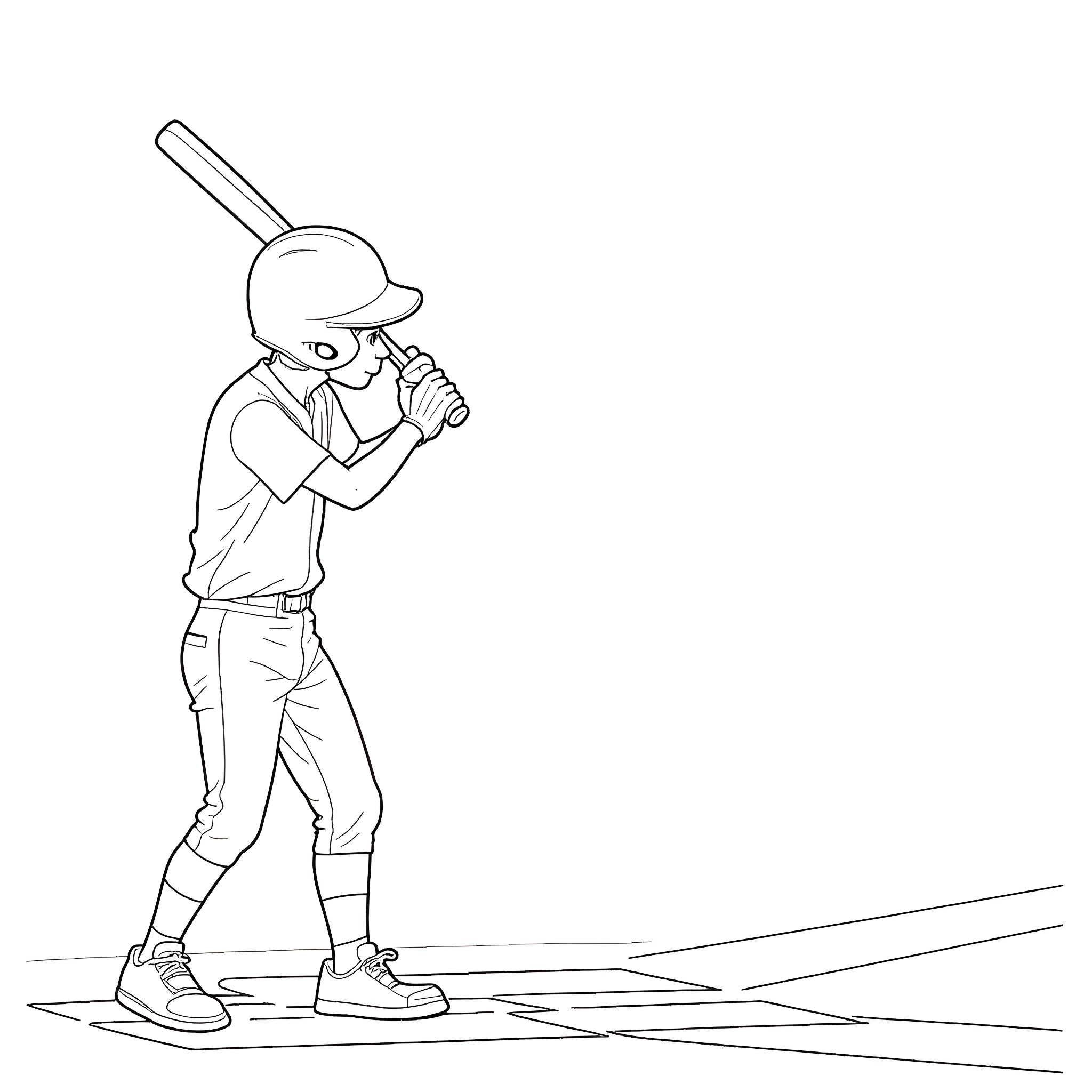 Teenager baseball player in action pose Coloring Page (free black-and-white line drawing printable PDF for all, from beginners to advanced learners, including children, teens, adults, and seniors)